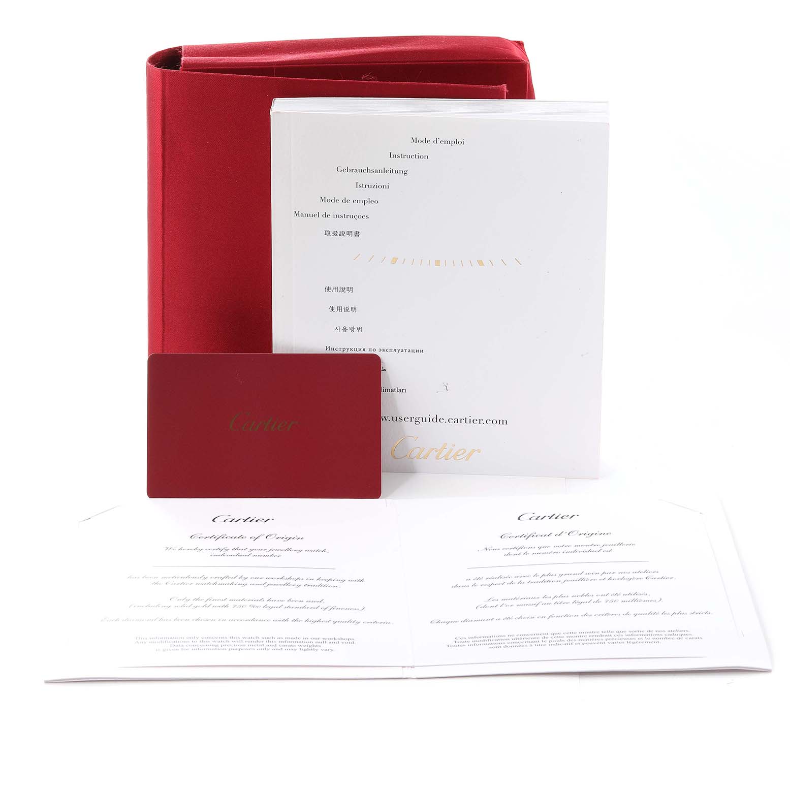 The image shows the Cartier Tank Louis WJTA0010 Women's Rose Gold Silver Dial WJTA0010 Women's Rose Gold Silver Dial model's red box, instruction booklet, warranty card, and certificates from a frontal angle.