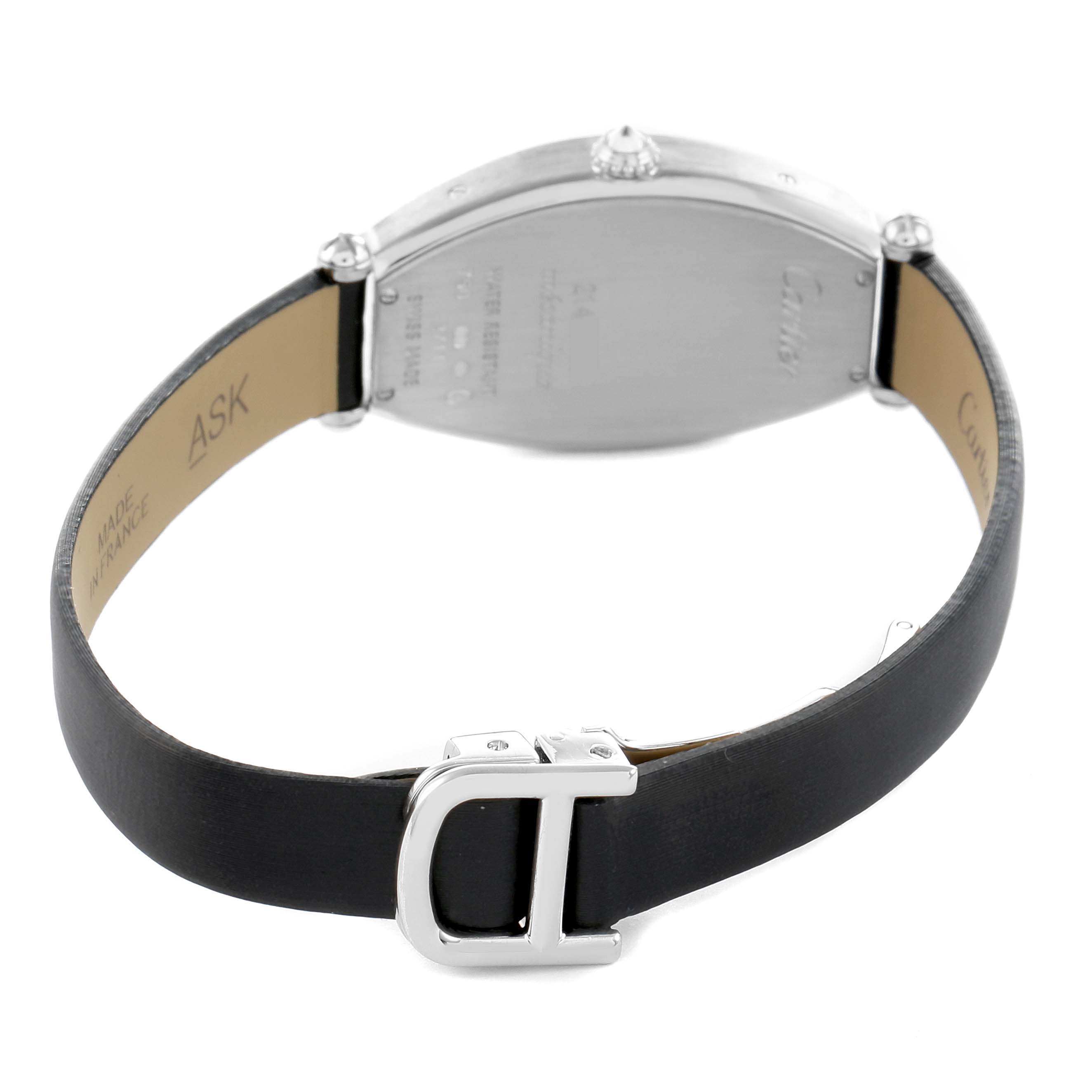 The image shows the backside and strap of a Cartier Tonneau WE400131 Women
s White Gold Silver Dial watch, highlighting the clasp and case back.