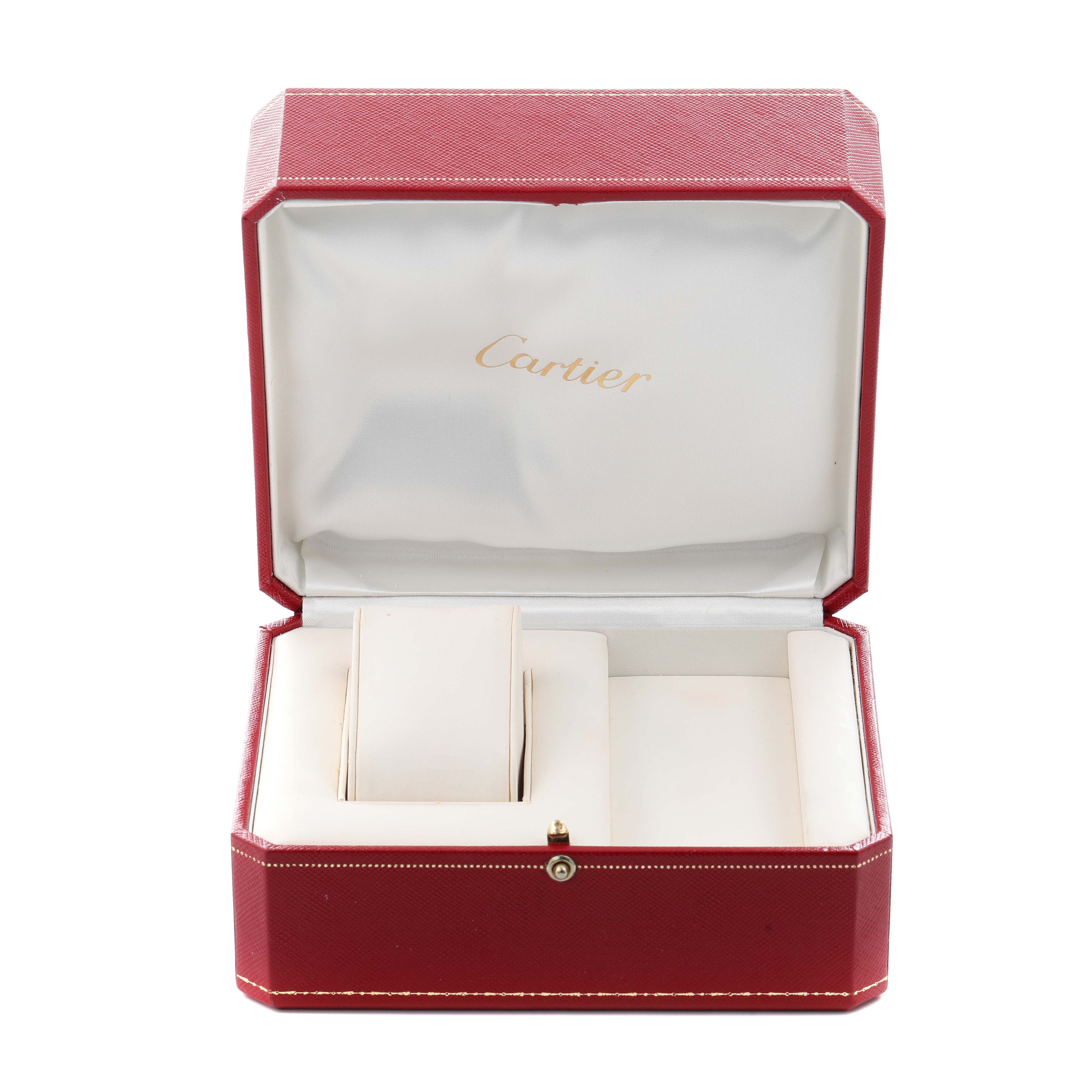 The image shows an open Cartier watch box for a Tonneau model, highlighting its interior compartments and cushion.