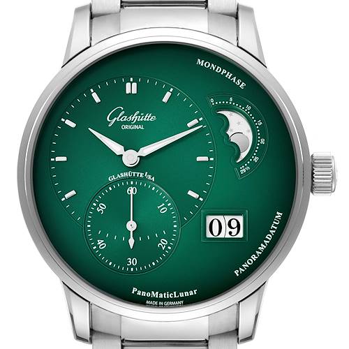 The image shows a front angle of the Glashütte PanoMaticLunar watch, highlighting its green dial, moon phase, date display, and sub-dial.