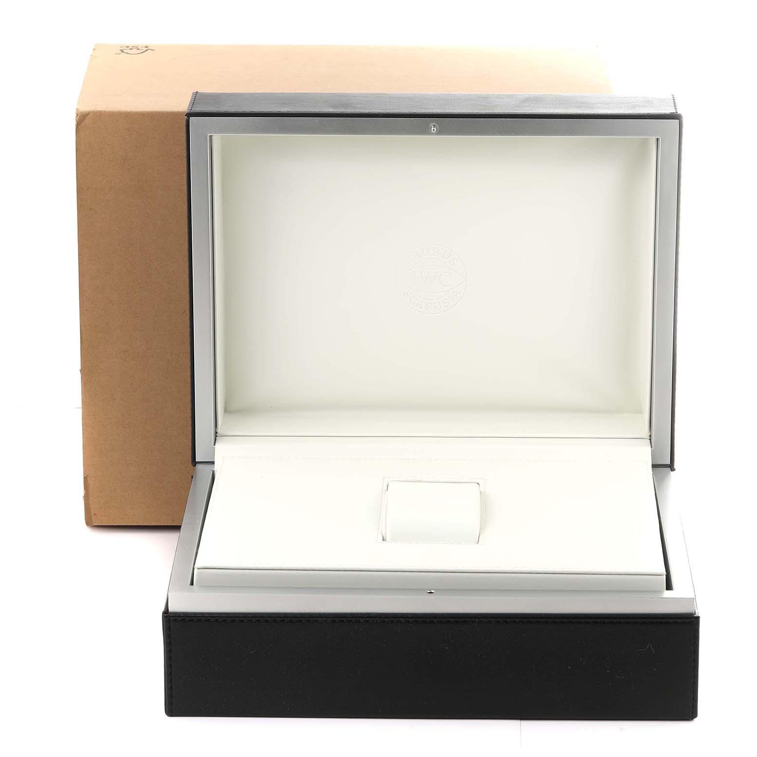 The image shows the open box for the IWC Pilot IW501901 Men
s Ceramic Black Dial IW501901 Men
s Ceramic Black Dial watch, showcasing its interior from a front angle.