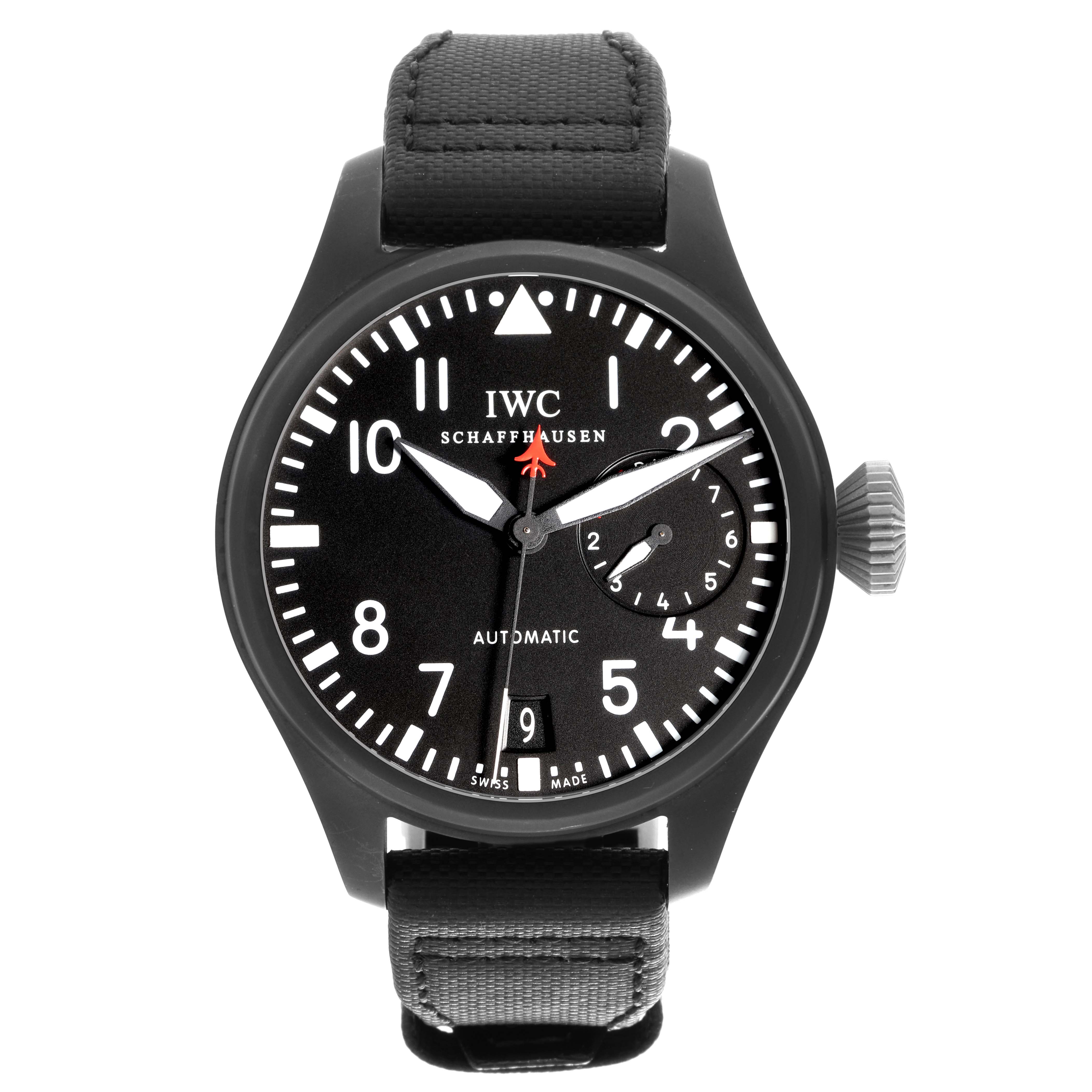 The image shows a front view of the IWC Pilot IW501901 Men
s Ceramic Black Dial IW501901 Men
s Ceramic Black Dial model watch, displaying its black dial, numerals, hands, strap, and crown.