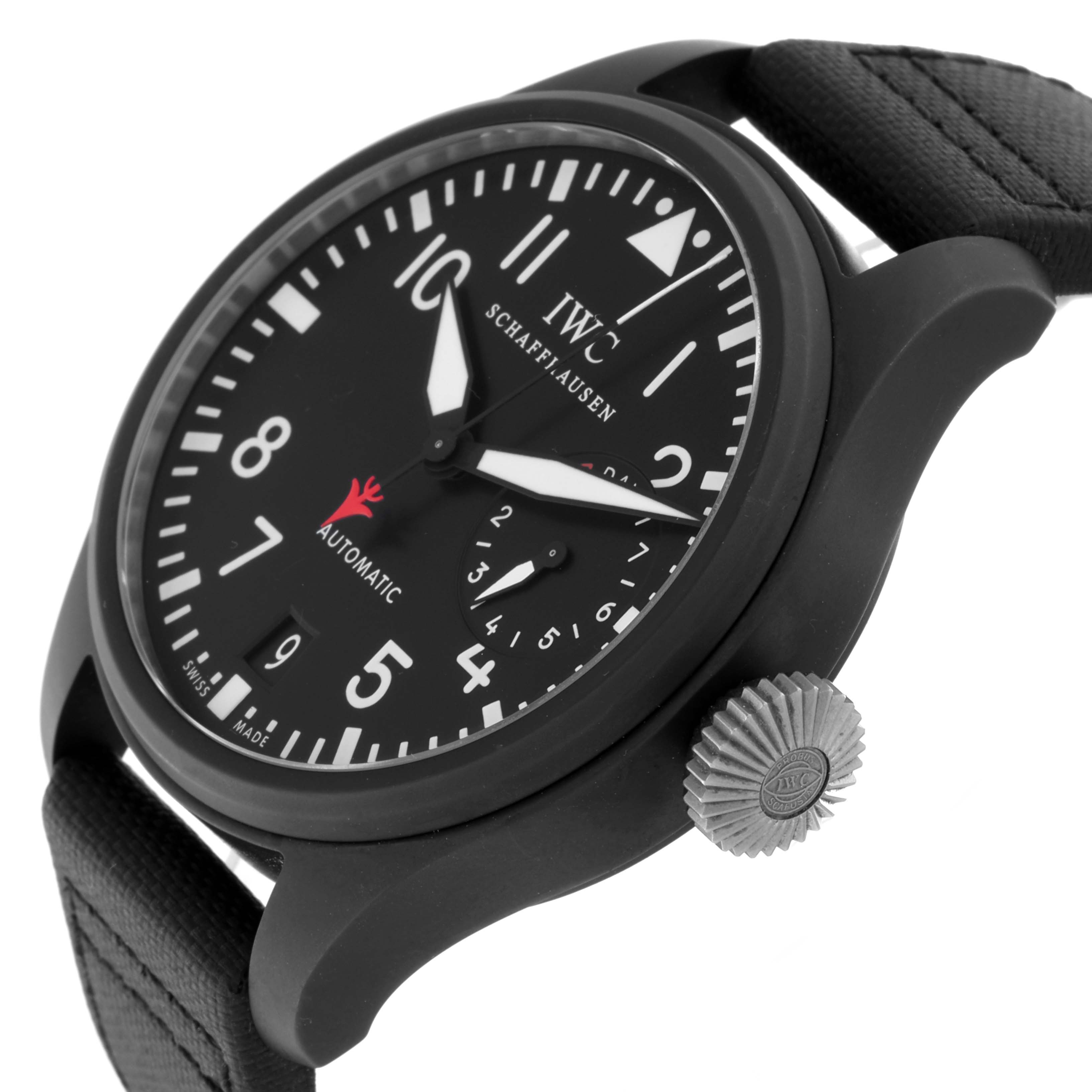 This image shows an angled view of the IWC Pilot IW501901 Men
s Ceramic Black Dial IW501901 Men
s Ceramic Black Dial model watch, highlighting the dial, crown, and strap.