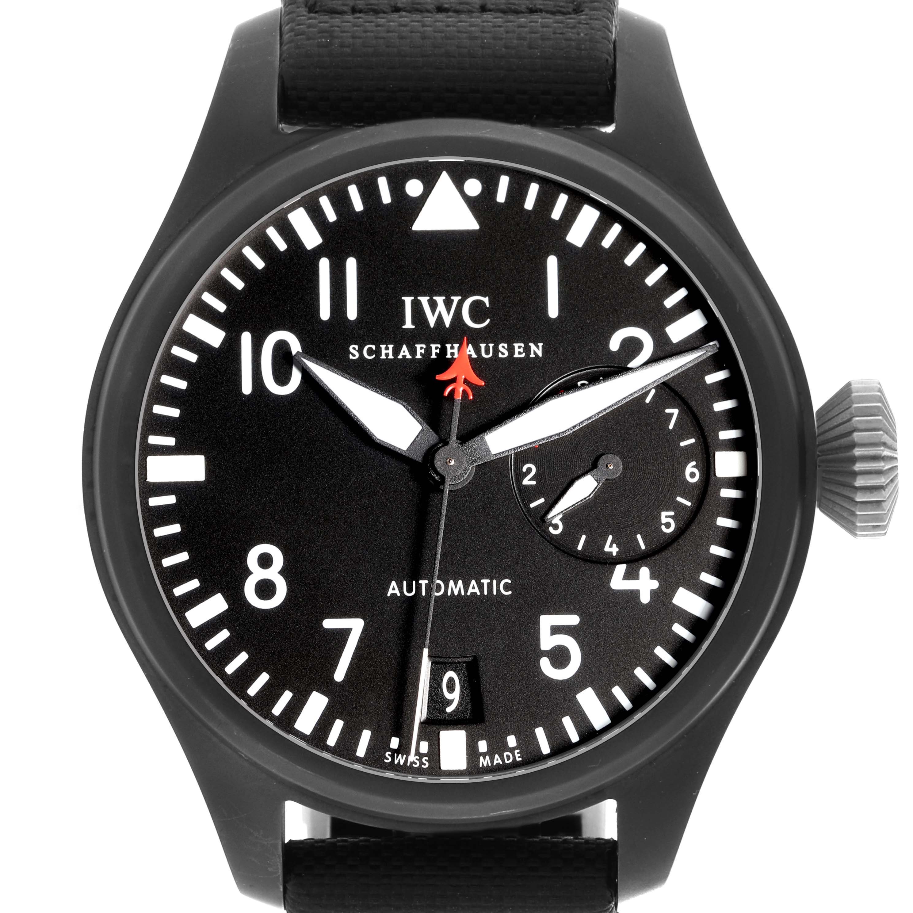 The image shows a frontal view of the IWC Pilot IW501901 Men
s Ceramic Black Dial IW501901 Men
s Ceramic Black Dial watch with a black dial, luminescent markers, and a black strap.
