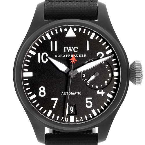 This image shows a close-up, front view of the IWC Pilot watch, featuring its dial, hands, crown, and strap.