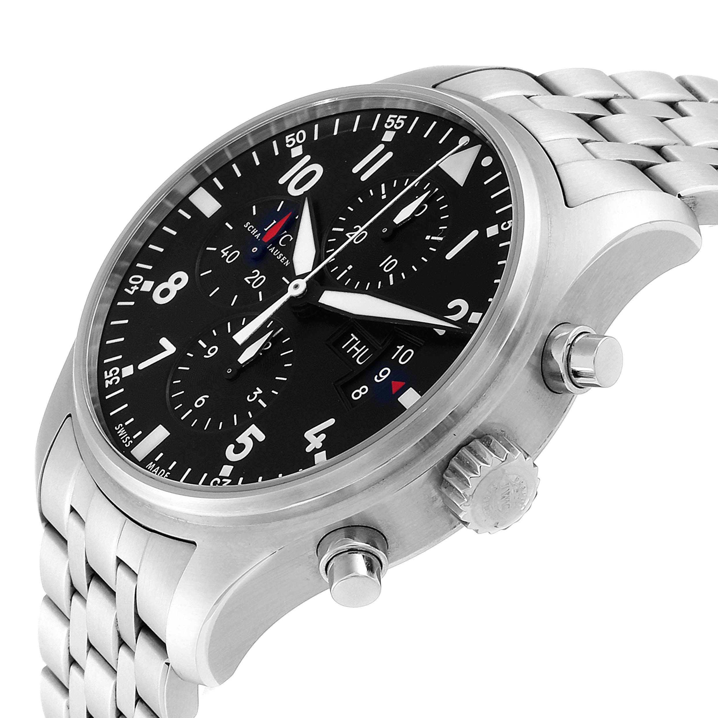 The image shows an IWC Pilot IW377704 Men's Stainless Steel Black Dial IW377704 Men's Stainless Steel Black Dial model watch from a side angle, highlighting the dial, crown, push-buttons, and metal bracelet.