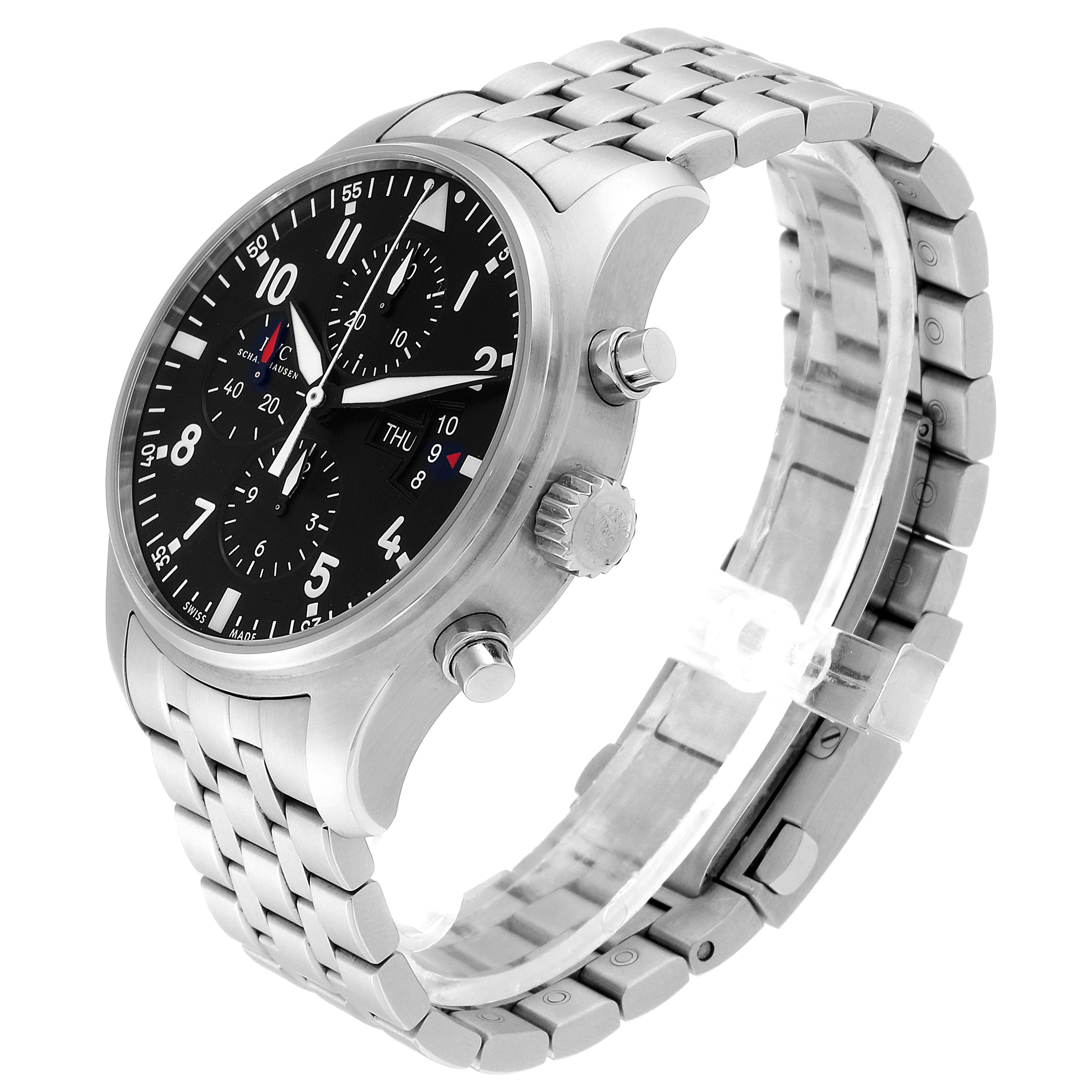 The image shows a side angle of the IWC Pilot IW377704 Men's Stainless Steel Black Dial IW377704 Men's Stainless Steel Black Dial model watch, displaying its face, crown, pushers, and metal bracelet.