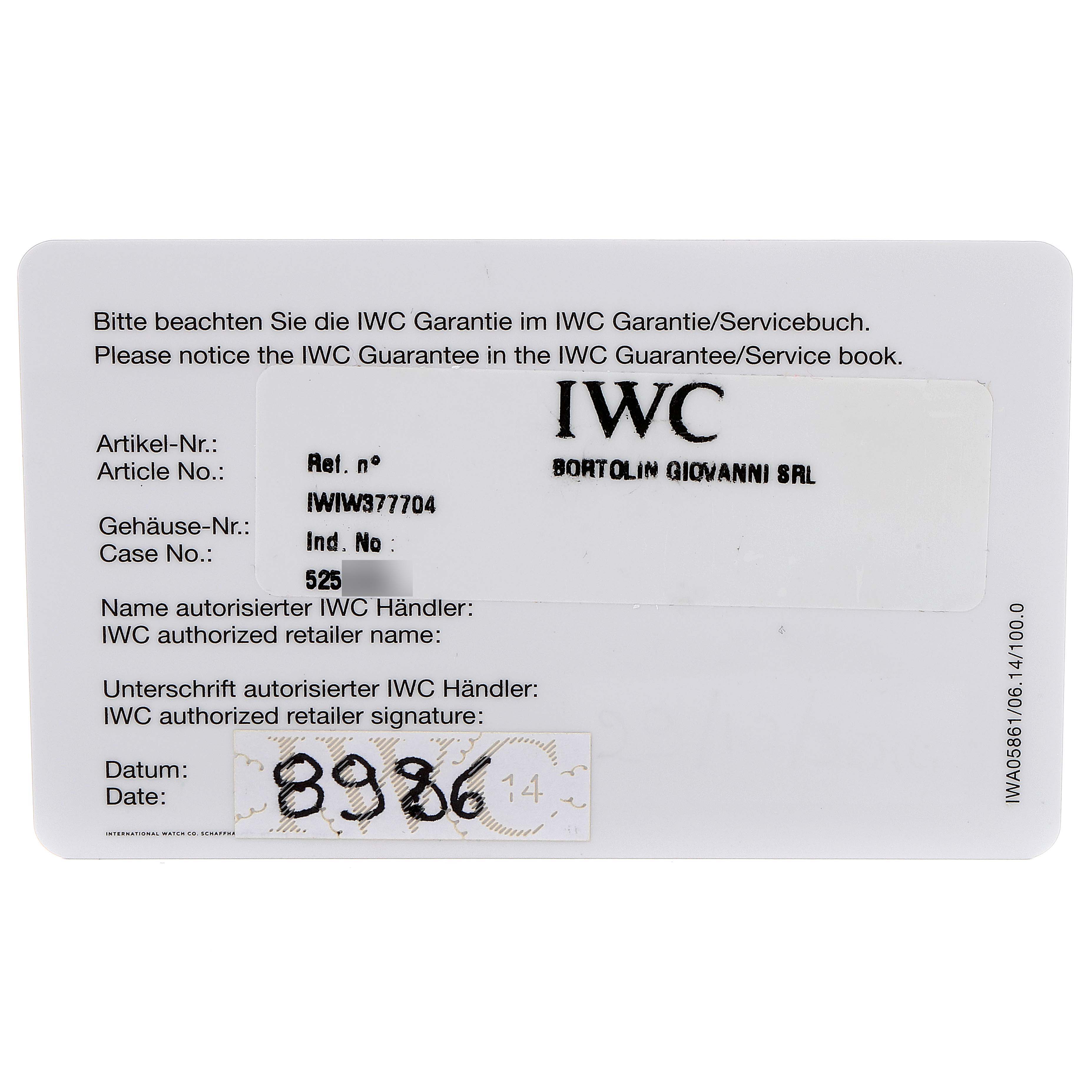 This image shows the guarantee card for the IWC Pilot IW377704 Men's Stainless Steel Black Dial IW377704 Men's Stainless Steel Black Dial model IW377704.