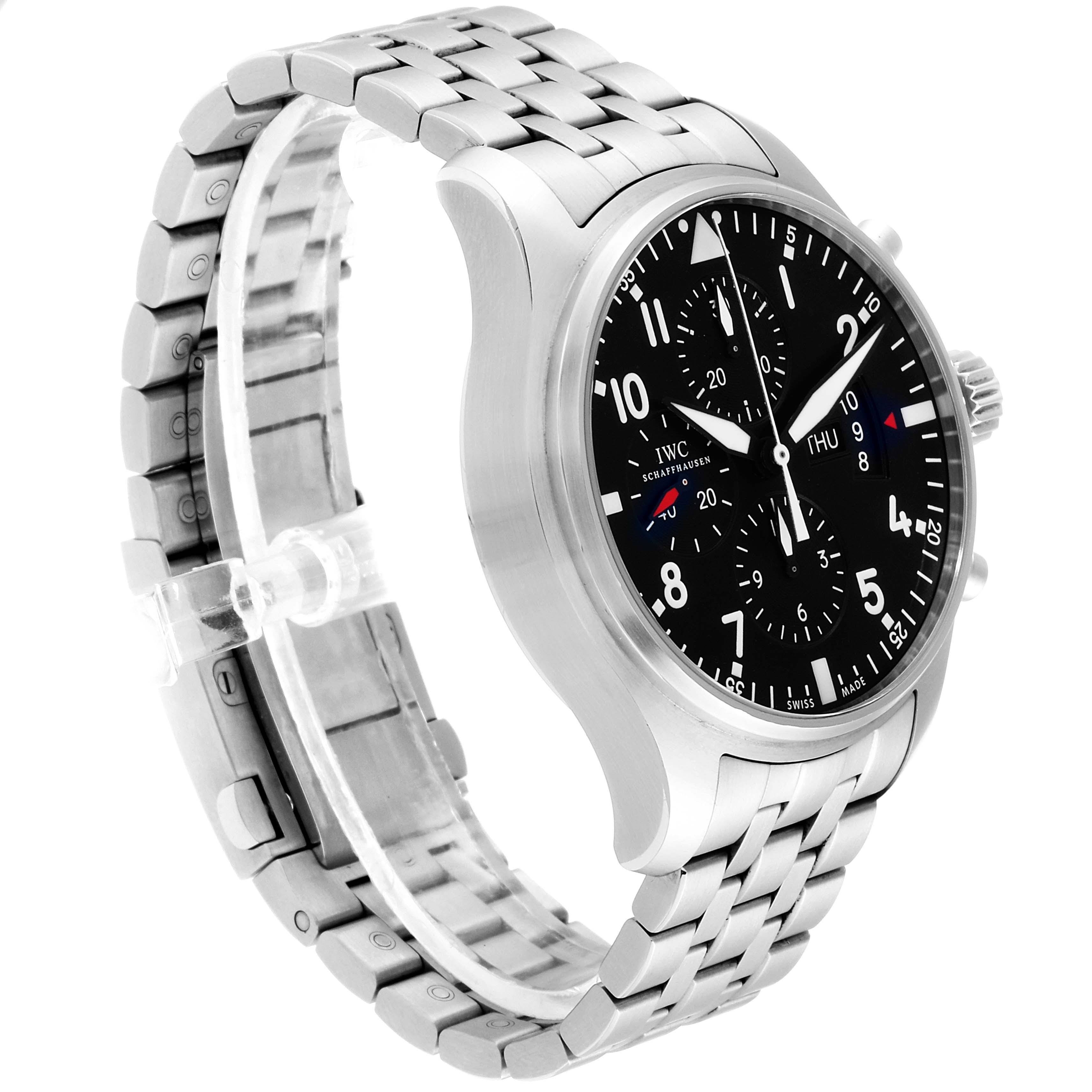 The IWC Pilot IW377704 Men's Stainless Steel Black Dial IW377704 Men's Stainless Steel Black Dial model watch is shown from a three-quarter angle, highlighting its face, bezel, and metal bracelet.