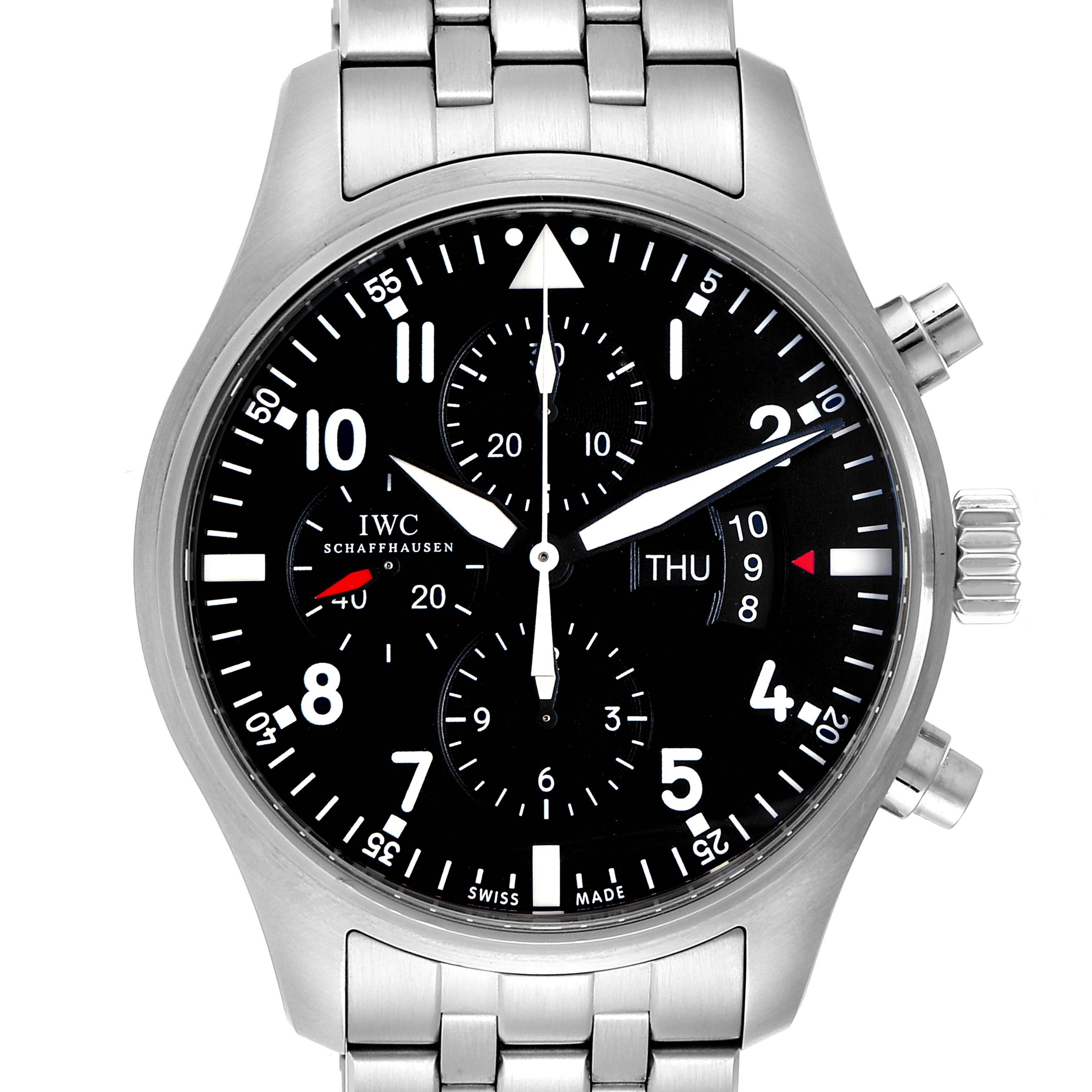 The image shows a front view of the IWC Pilot IW377704 Men's Stainless Steel Black Dial IW377704 Men's Stainless Steel Black Dial model watch, highlighting its face, dials, and part of its metal bracelet.