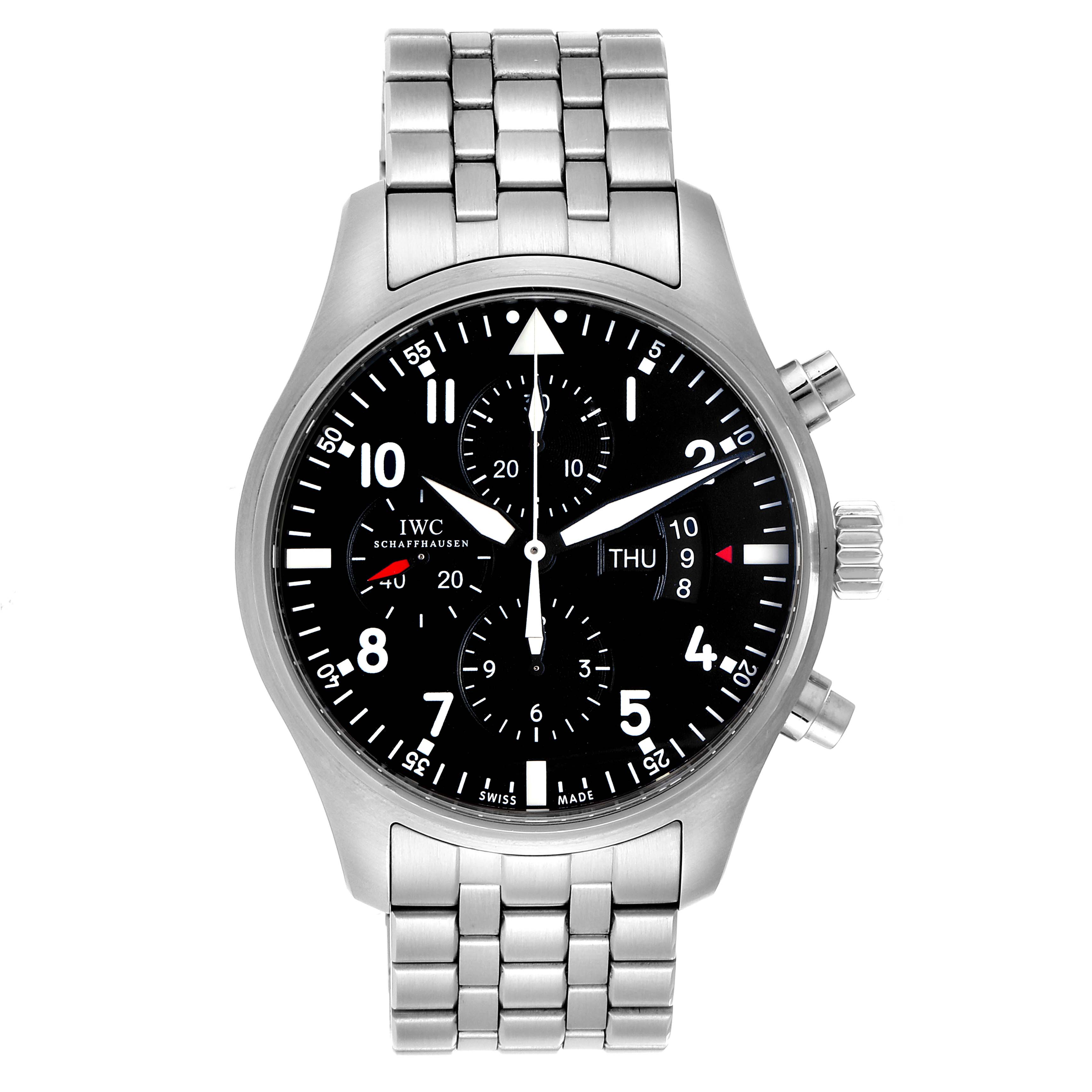 This IWC Pilot IW377704 Men's Stainless Steel Black Dial IW377704 Men's Stainless Steel Black Dial model watch is shown from a front angle, revealing the face, dial, bracelet, and pushers.