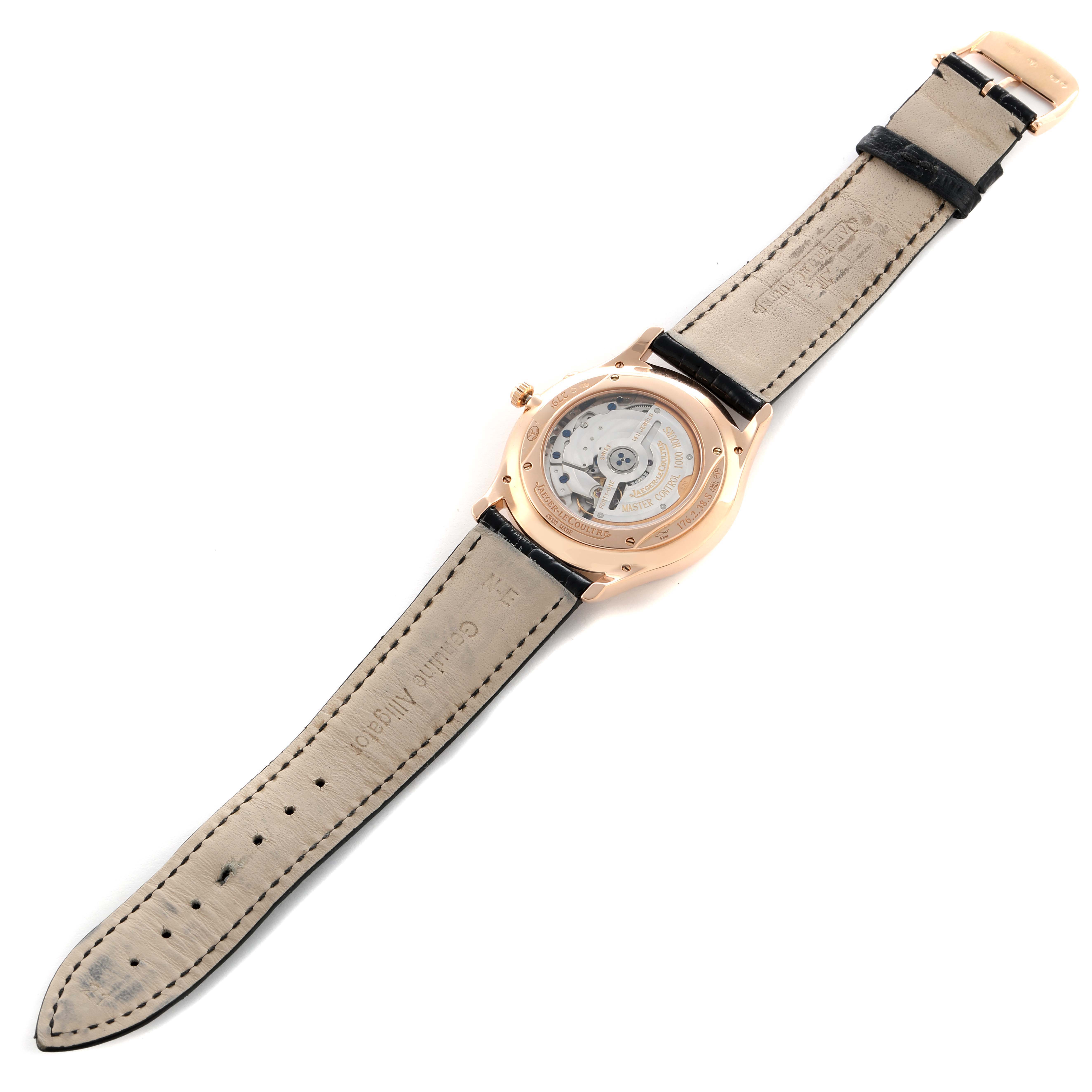 The Jaeger LeCoultre Master Q1372520 Men
s Rose Gold Beige Dial watch is shown from the back, highlighting its caseback and movement details.