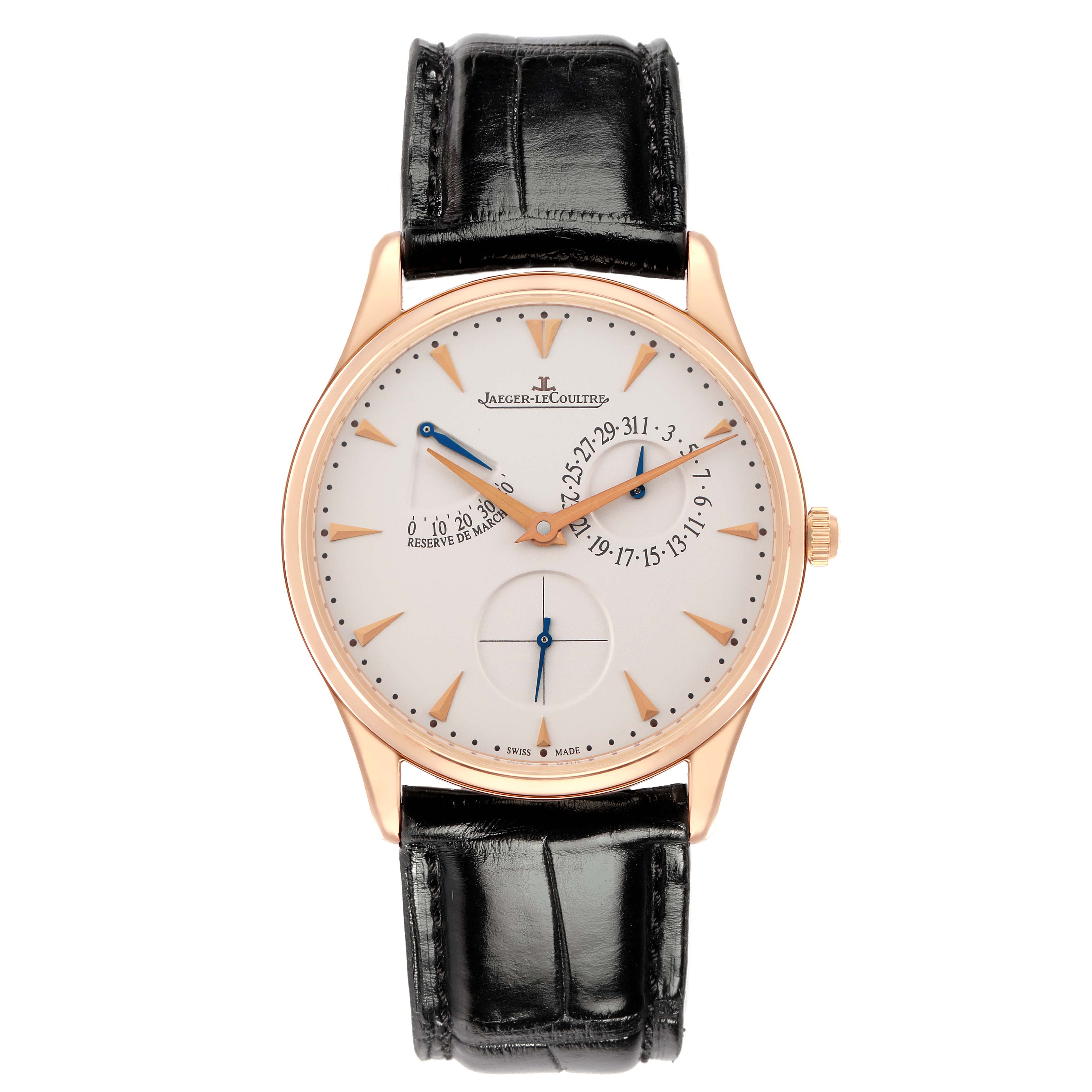 The Jaeger LeCoultre Master Q1372520 Men
s Rose Gold Beige Dial watch is shown from a frontal angle, highlighting the dial, indices, and leather strap.