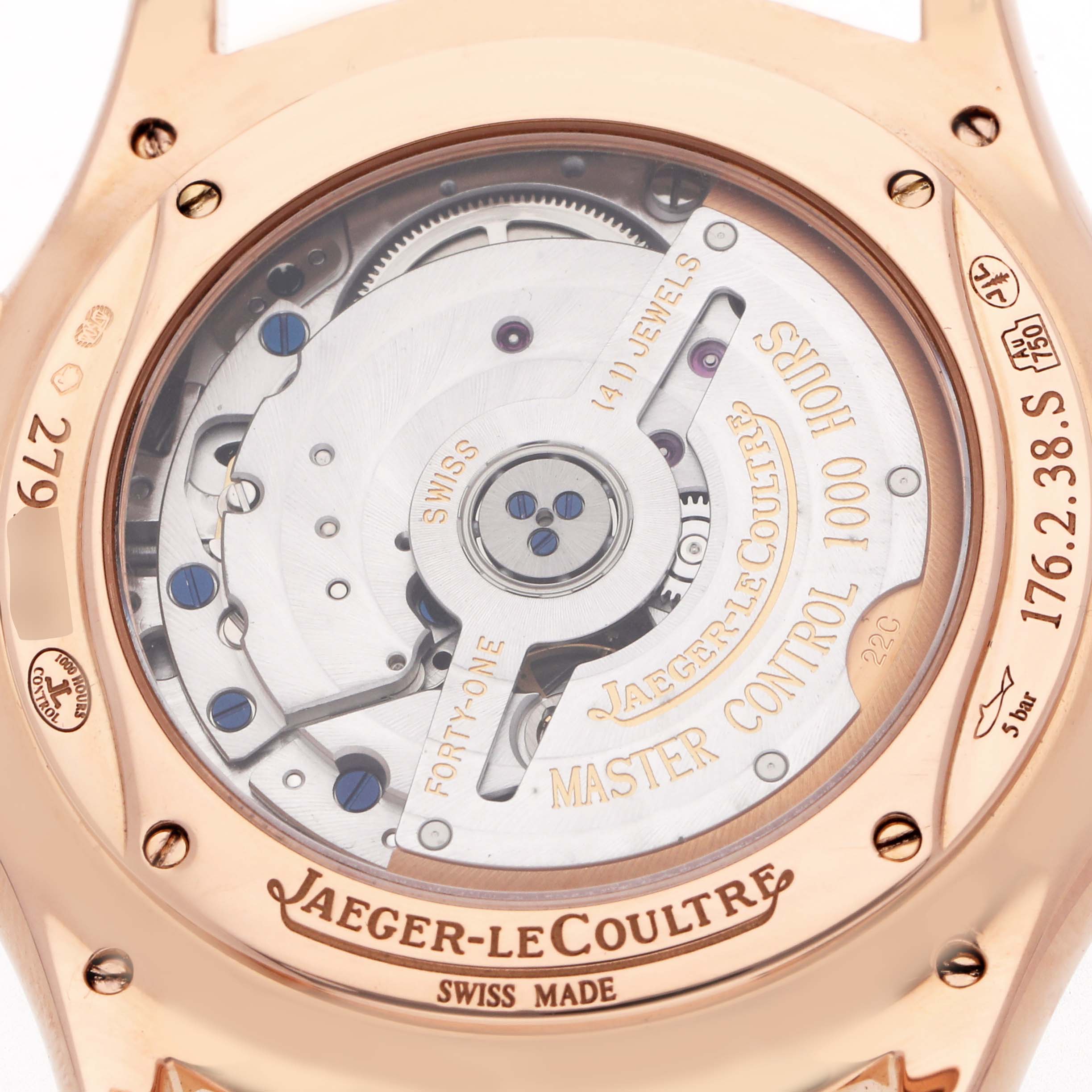 The image shows the back view of a Jaeger LeCoultre Master Q1372520 Men
s Rose Gold Beige Dial watch, highlighting the intricate movement and rotor details.