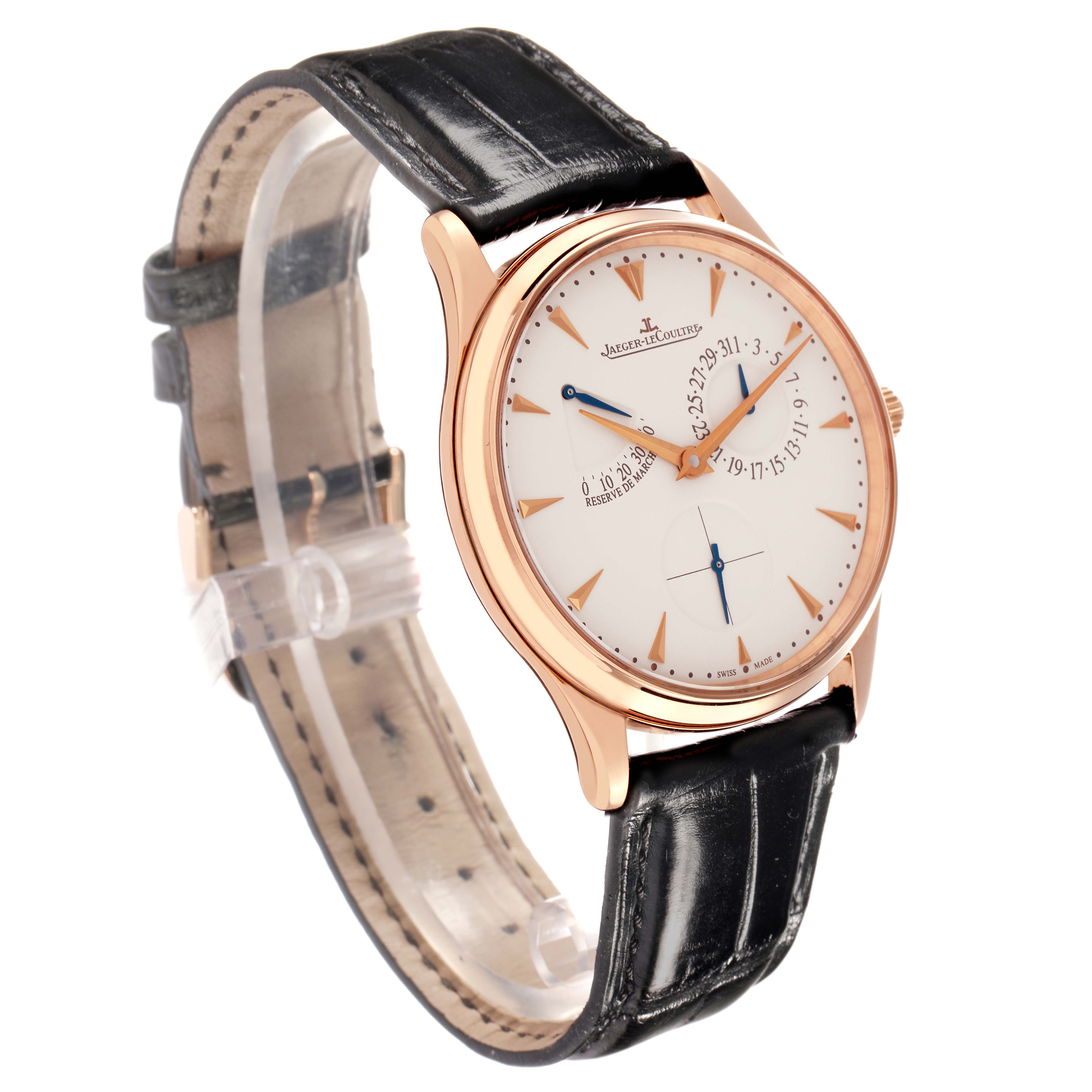 The Jaeger-LeCoultre Master watch is shown at a front-angle view, displaying its face, rose gold case, and black leather strap.