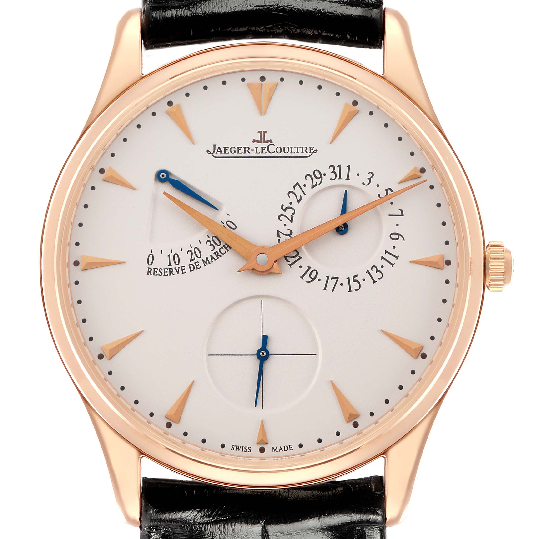The Jaeger LeCoultre Master Q1372520 Men
s Rose Gold Beige Dial model watch is shown from the front, featuring its dial, hands, markers, and leather strap.
