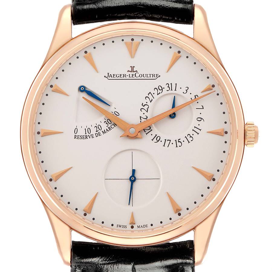 The Jaeger LeCoultre Master Q1372520 Men's Rose Gold Beige Dial model watch is shown from the front, featuring its dial, hands, markers, and leather strap.