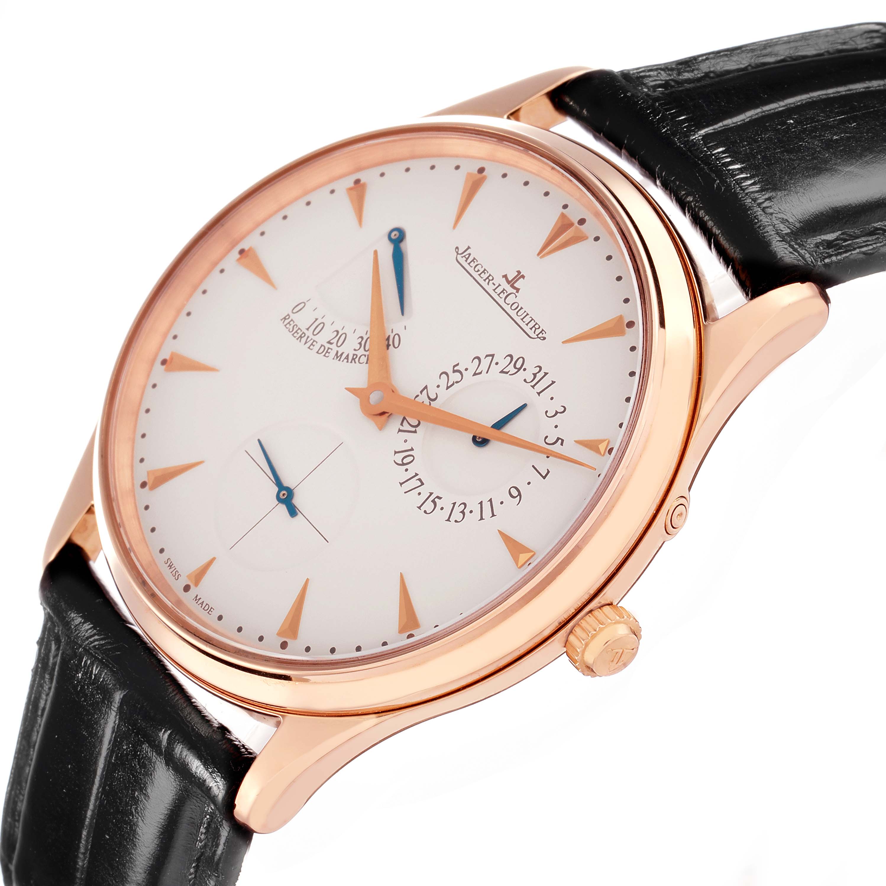 The Jaeger LeCoultre Master Q1372520 Men
s Rose Gold Beige Dial watch is shown at an angle highlighting the case, dial, crown, and leather strap.