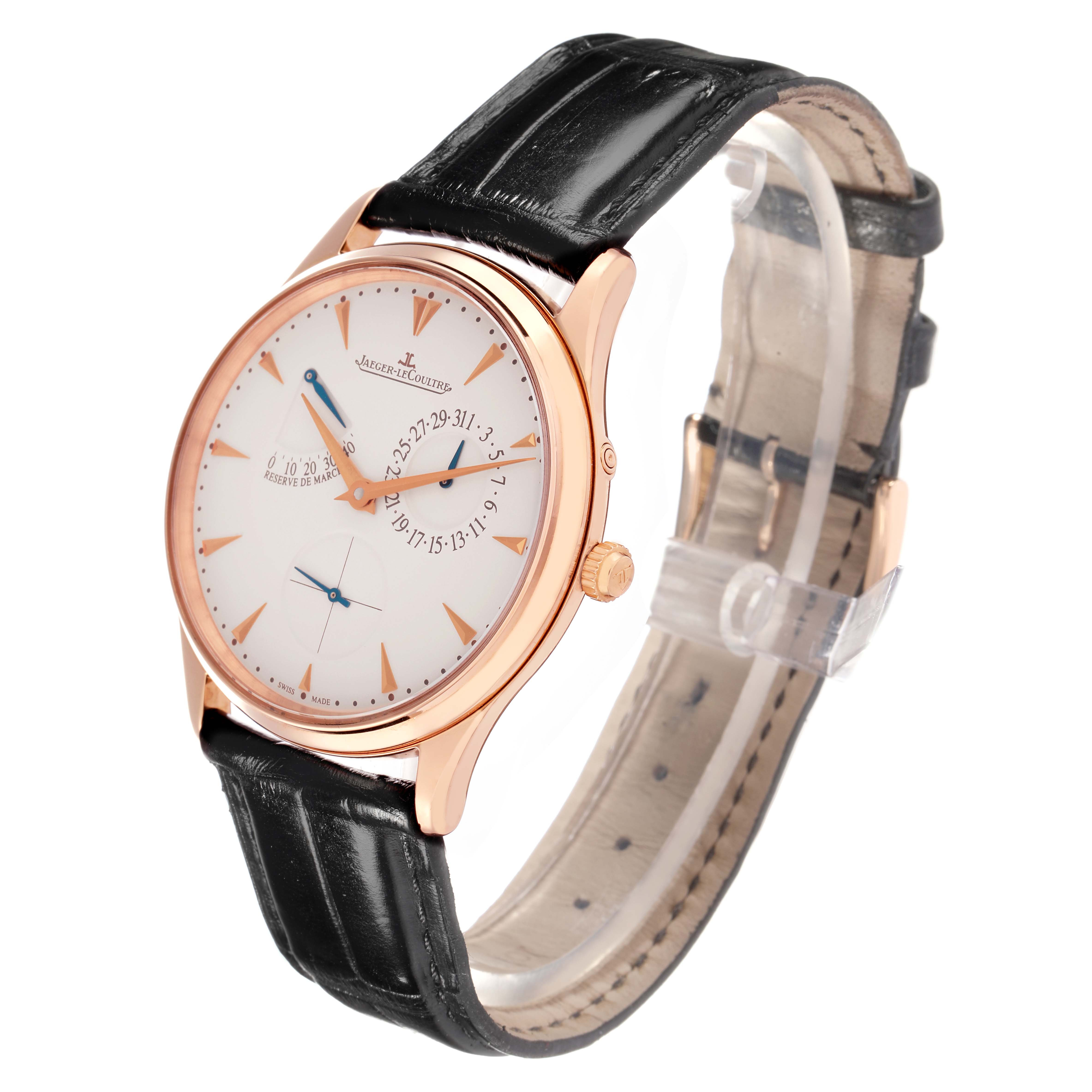 The Jaeger LeCoultre Master Q1372520 Men
s Rose Gold Beige Dial watch is shown at a tilted angle displaying the face, rose gold case, black leather strap, and crown.