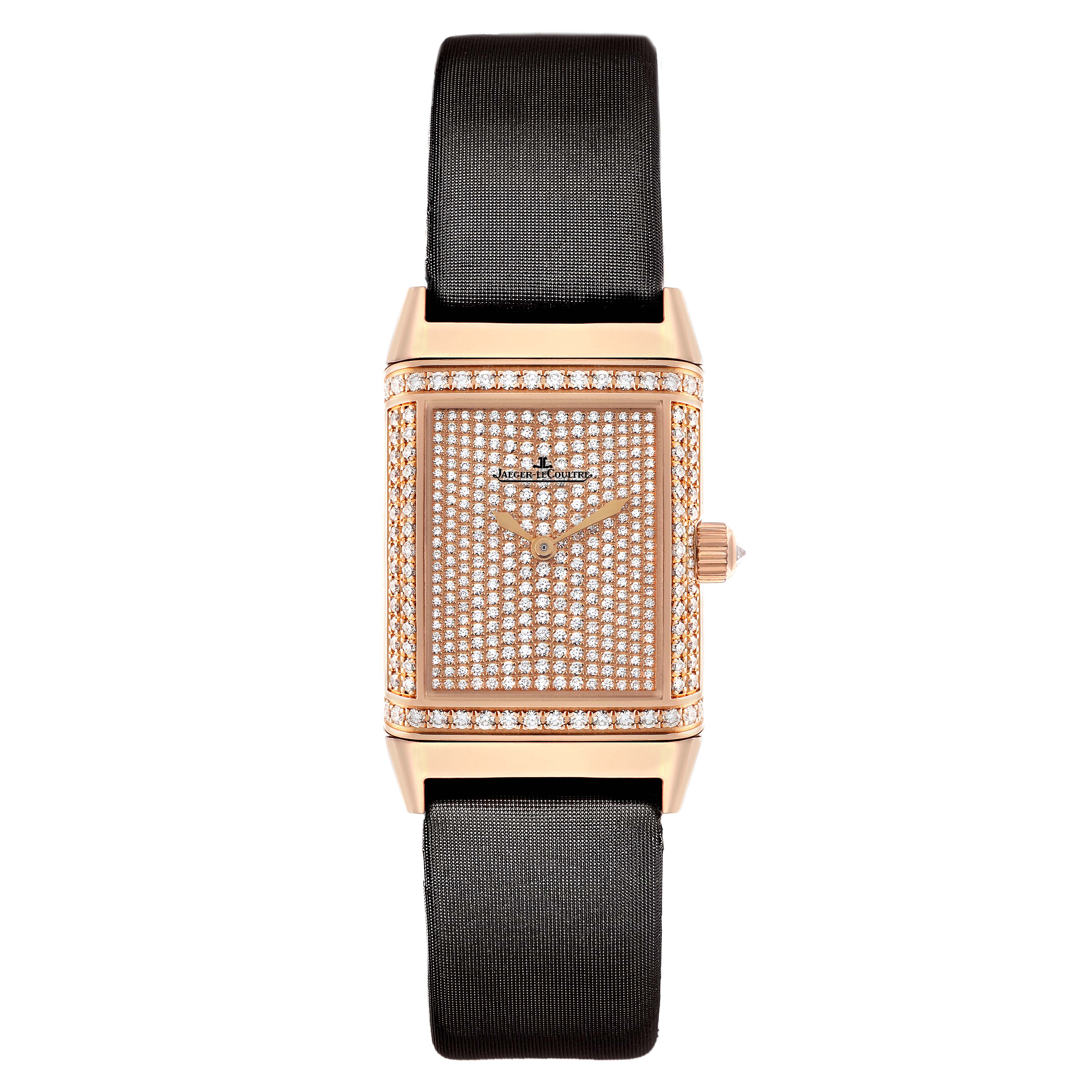 The Jaeger-LeCoultre Reverso watch is shown from the front, displaying its diamond-studded face and black strap.