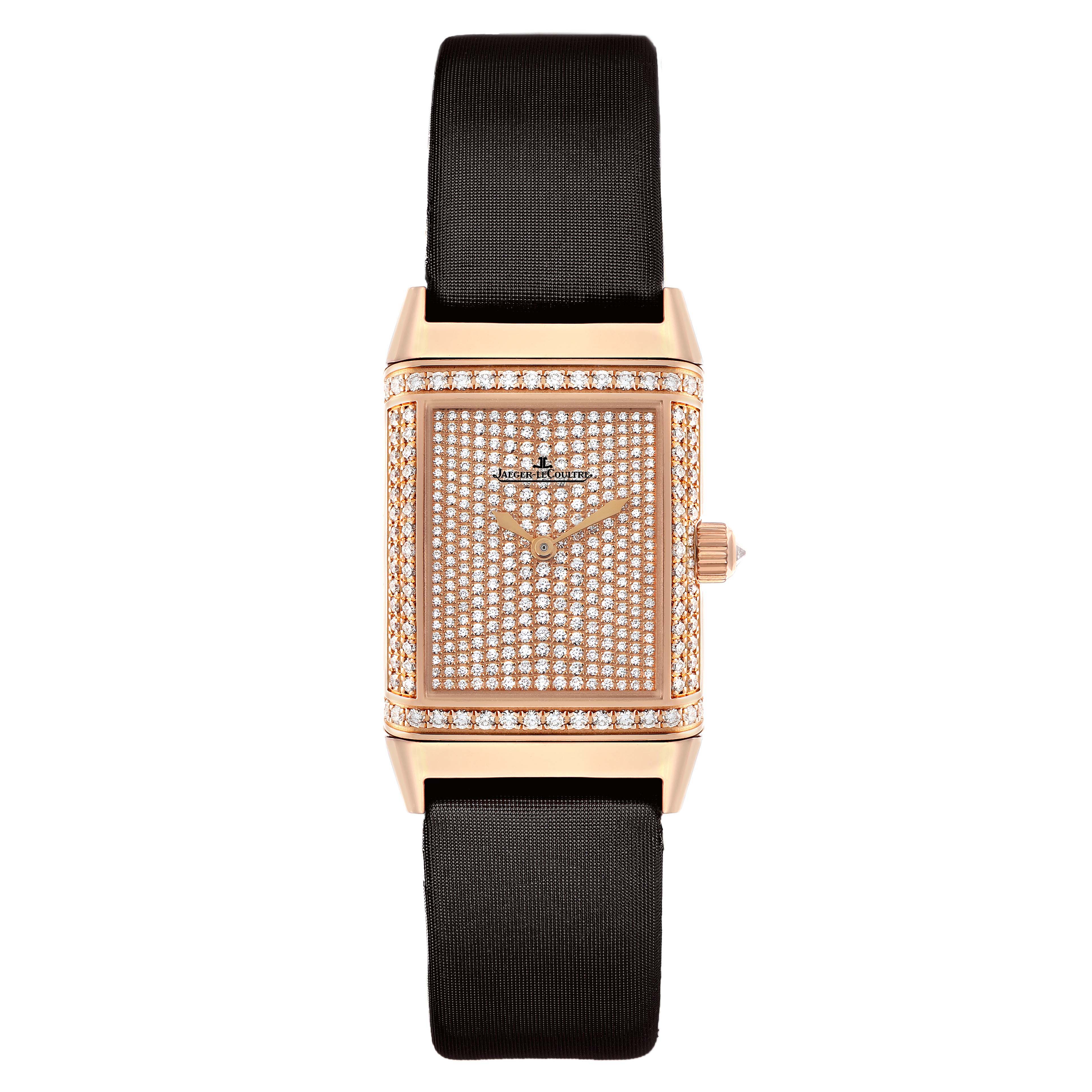 The Jaeger LeCoultre Reverso Q2562407 Women's Rose Gold Pink Dial watch is shown from the front, displaying its diamond-studded face and crown, with a black strap.