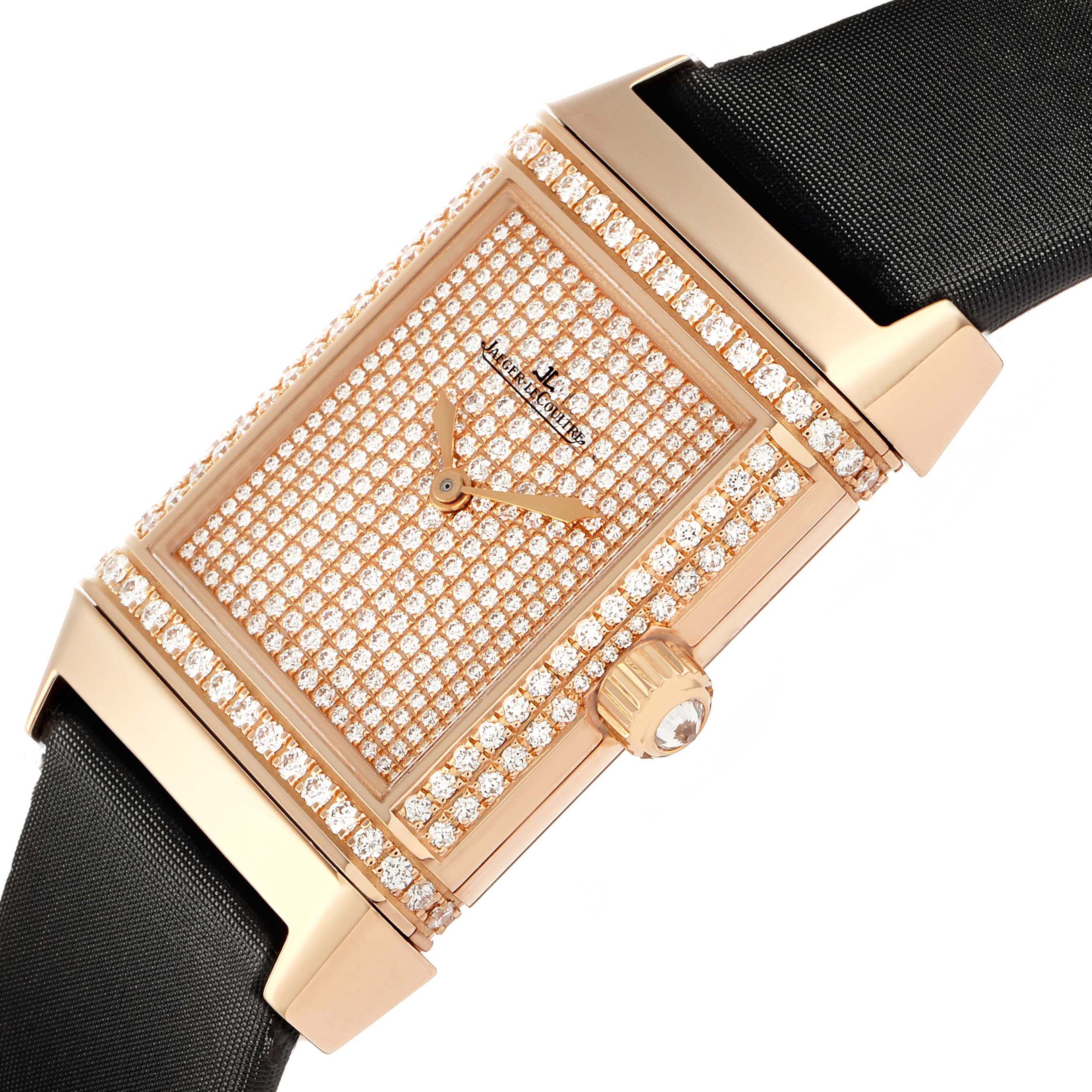 The image shows a Jaeger LeCoultre Reverso Q2562407 Women's Rose Gold Pink Dial watch from a top angled view, highlighting its diamond-studded dial and case.