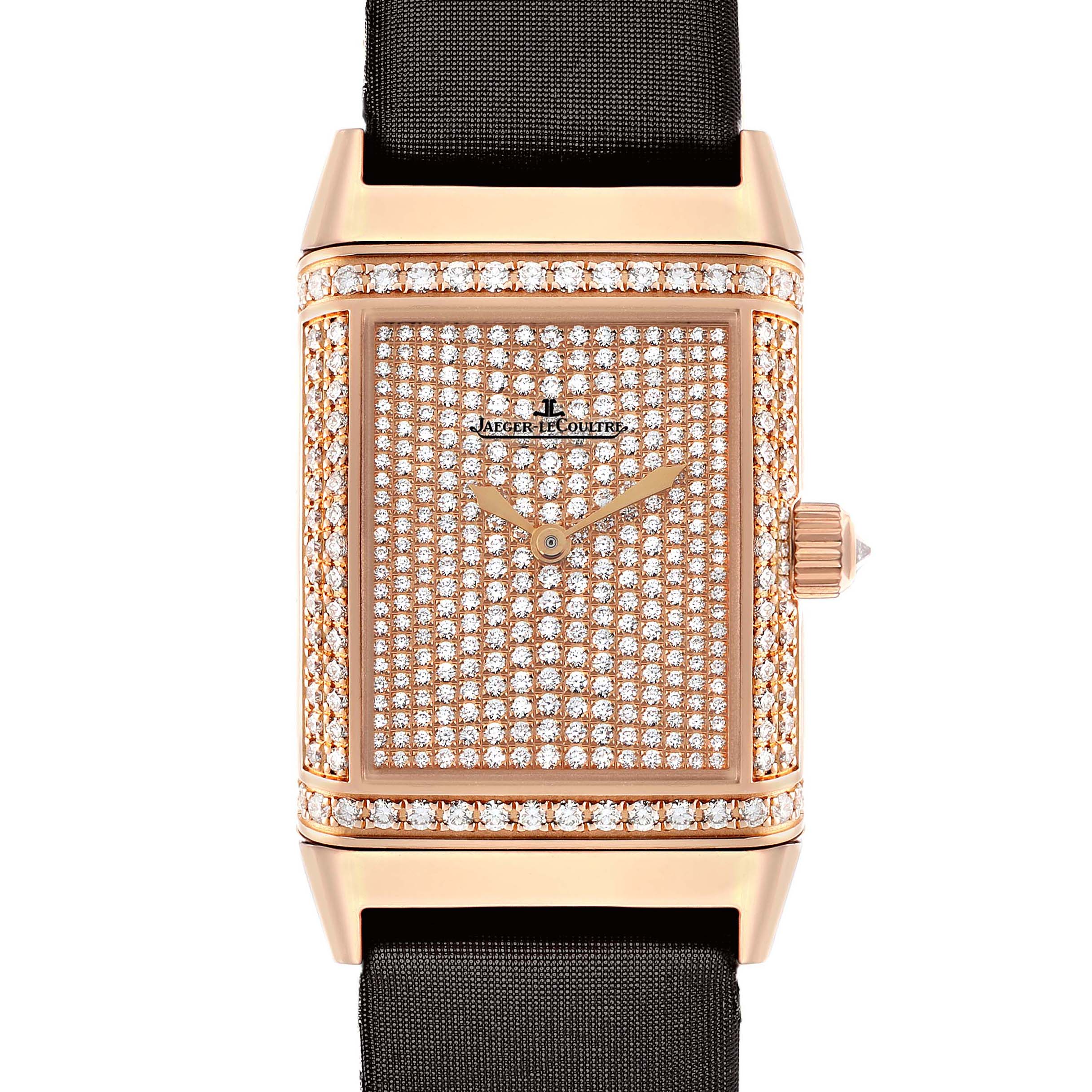 The Jaeger-LeCoultre Reverso model is shown from the front, displaying its diamond-studded face and rose gold case with a black strap.