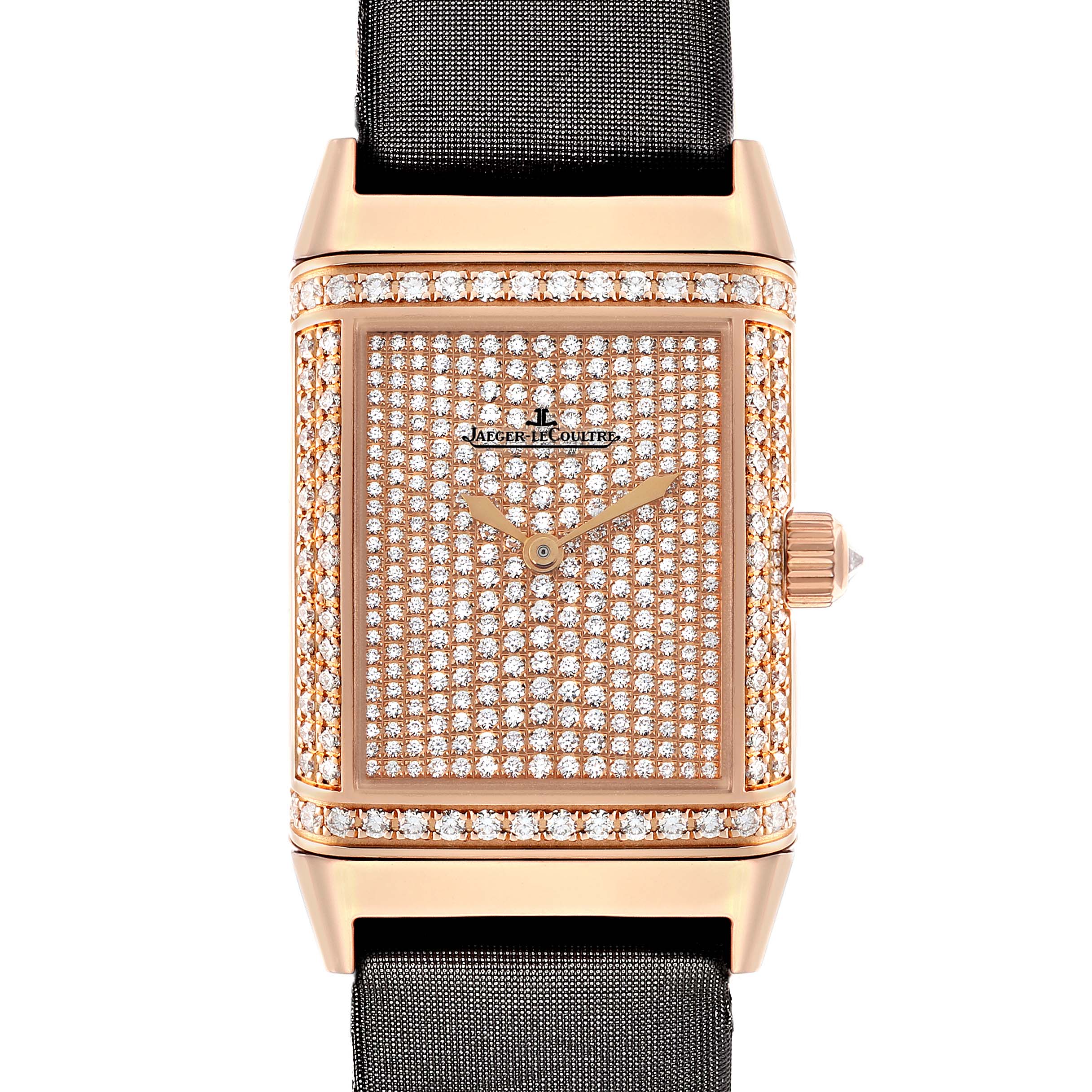 The Jaeger-LeCoultre Reverso watch is shown from the front, highlighting its diamond-studded face and gold case.