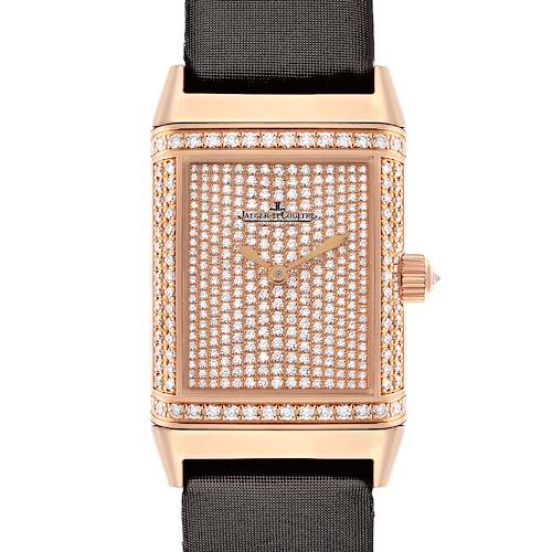 This image shows a frontal view of a Jaeger LeCoultre Reverso Q2562407 Women's Rose Gold Pink Dial watch, highlighting its diamond-studded face and gold-toned case.