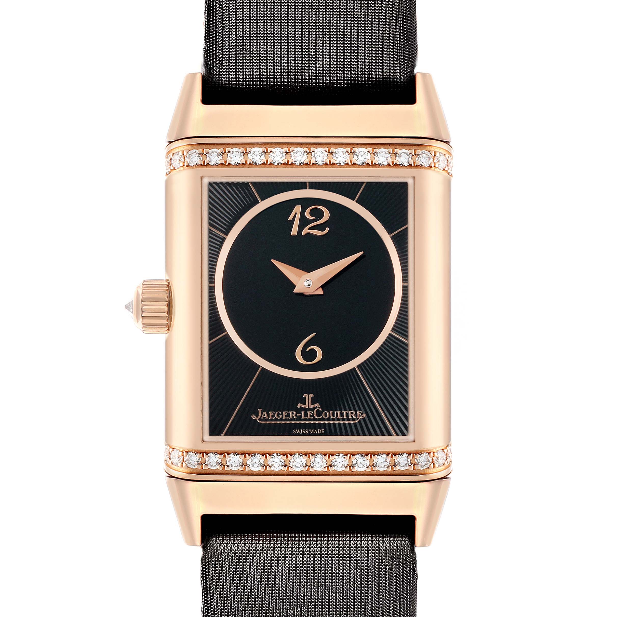 The Jaeger-LeCoultre Reverso watch is shown from the front, displaying its rectangular dial, rose gold casing, and crown.