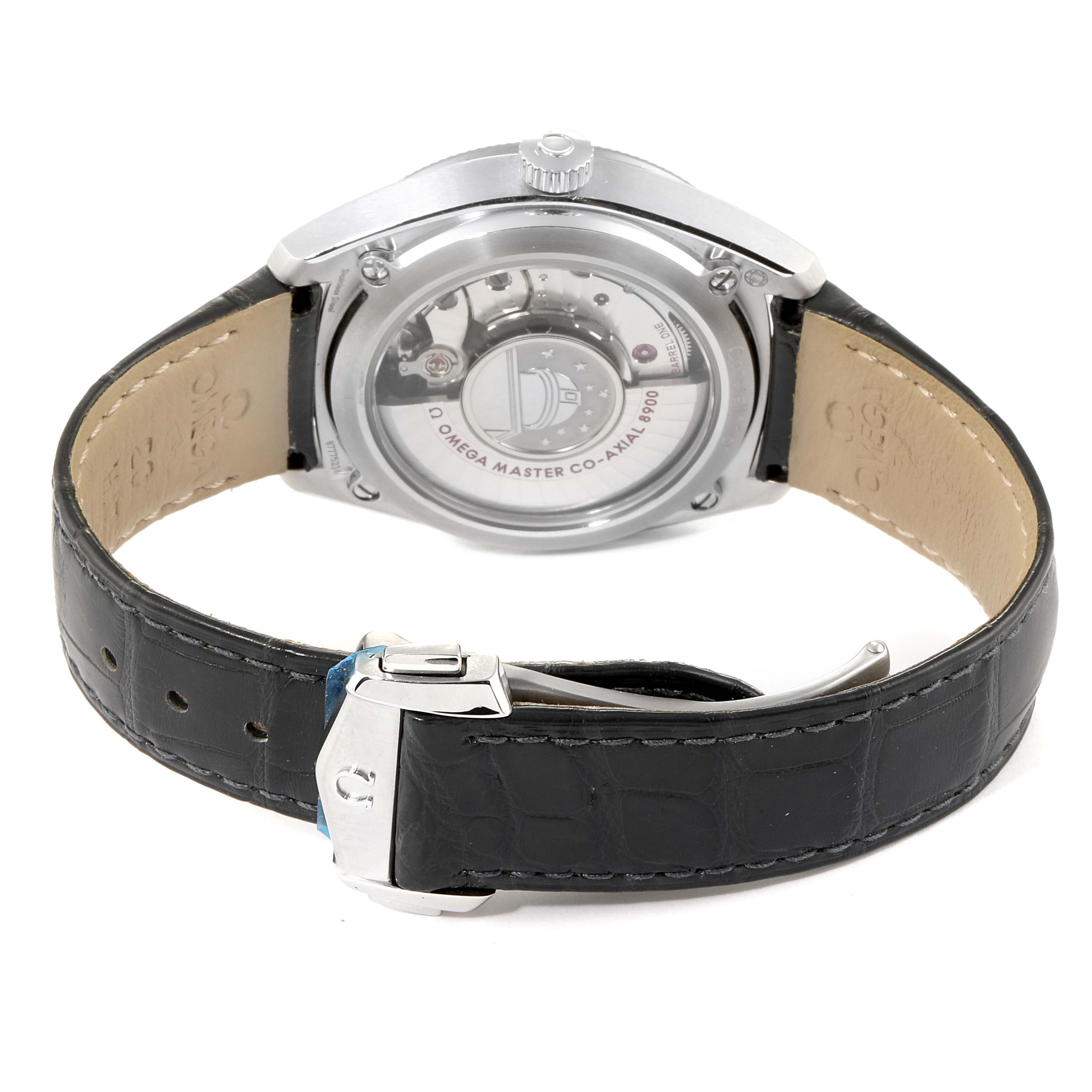 The image shows the back of an Omega Constellation 130.33.39.21.02.001 Men's Stainless Steel Silver Dial 130.33.39.21.02.001 Men's Stainless Steel Silver Dial watch, displaying the movement and the leather strap with a metal clasp.