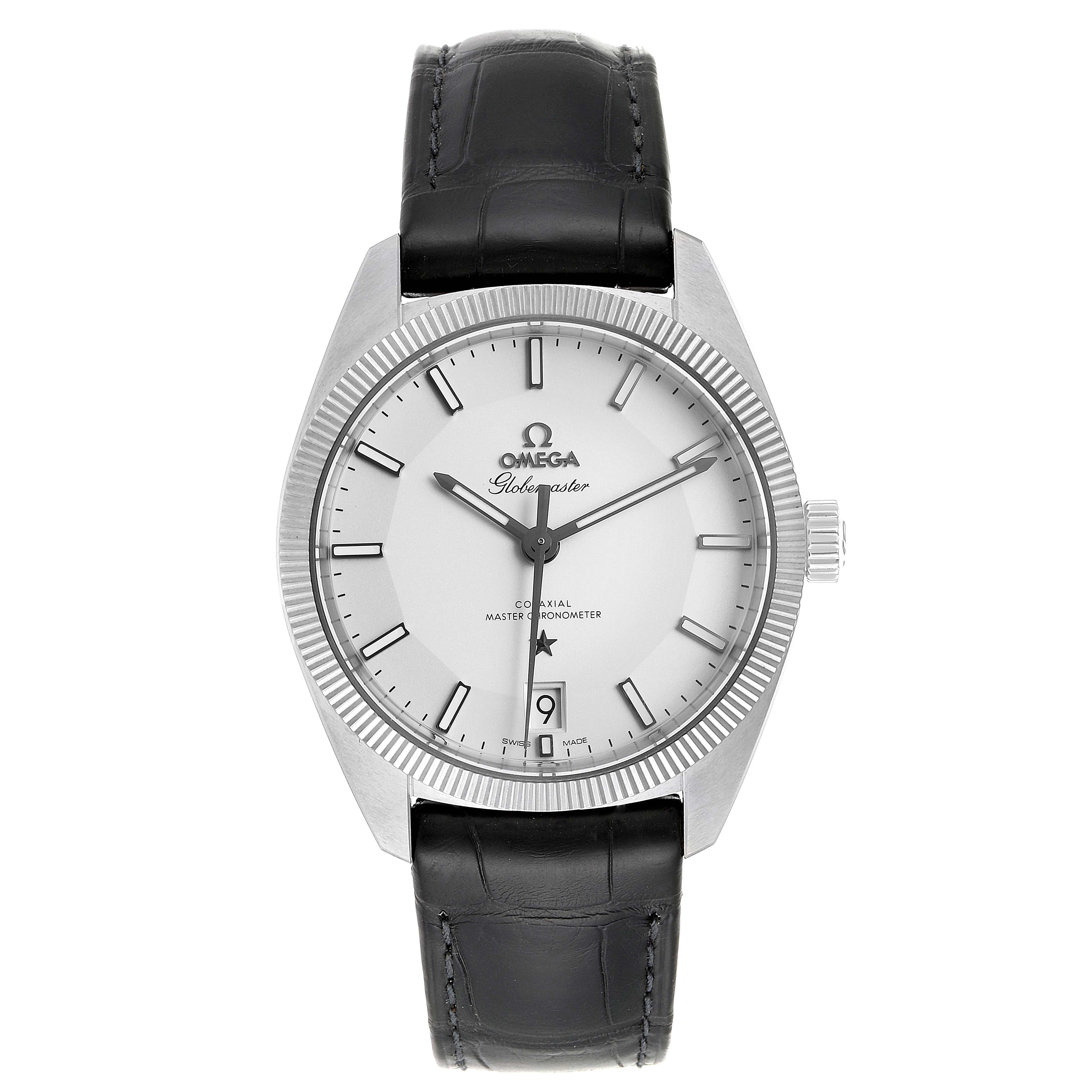 The image shows a front view of the Omega Constellation 130.33.39.21.02.001 Men's Stainless Steel Silver Dial 130.33.39.21.02.001 Men's Stainless Steel Silver Dial watch with a black leather strap and a white dial.