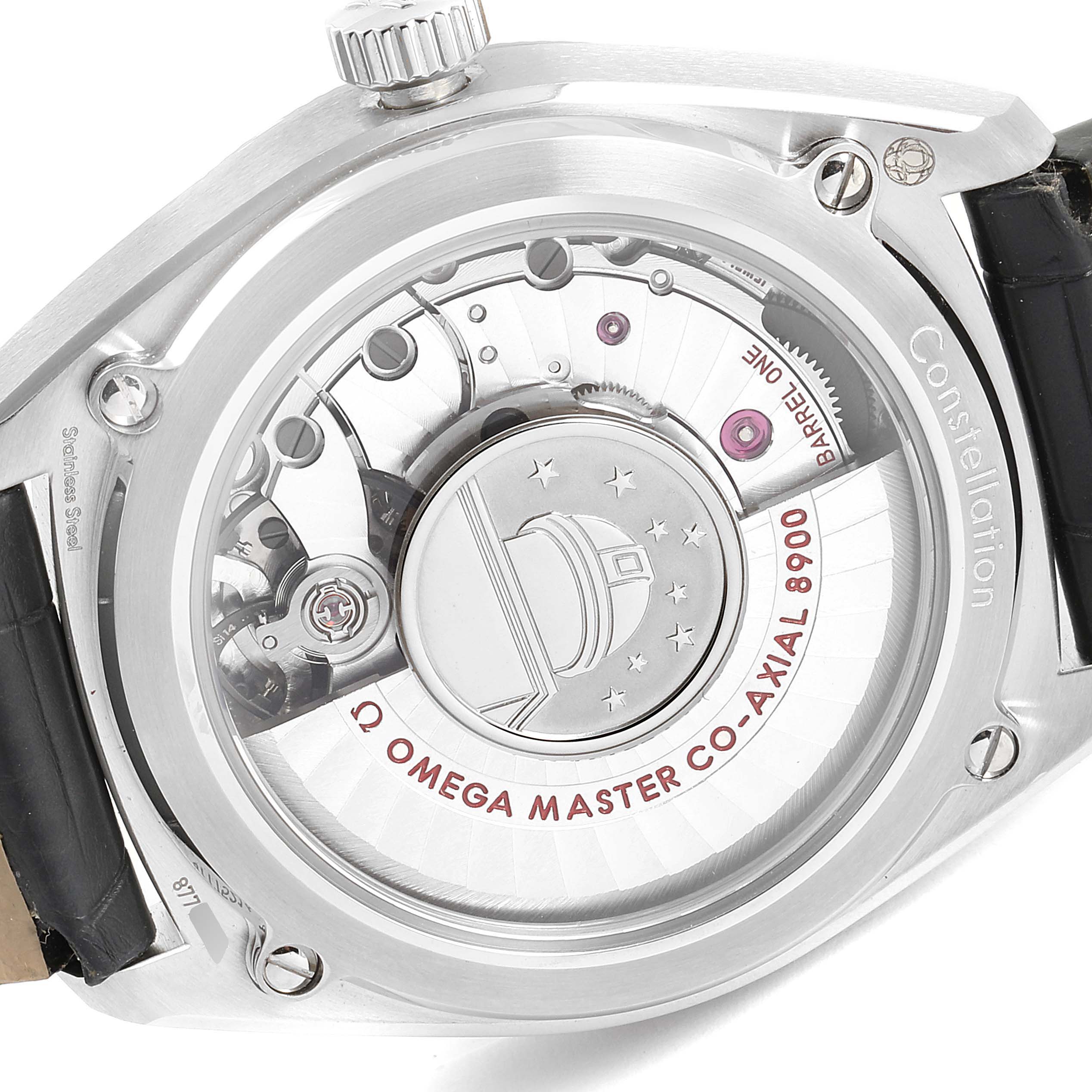 This image shows the back view of an Omega Constellation 130.33.39.21.02.001 Men's Stainless Steel Silver Dial 130.33.39.21.02.001 Men's Stainless Steel Silver Dial watch, highlighting its co-axial 8900 movement and caseback engravings.