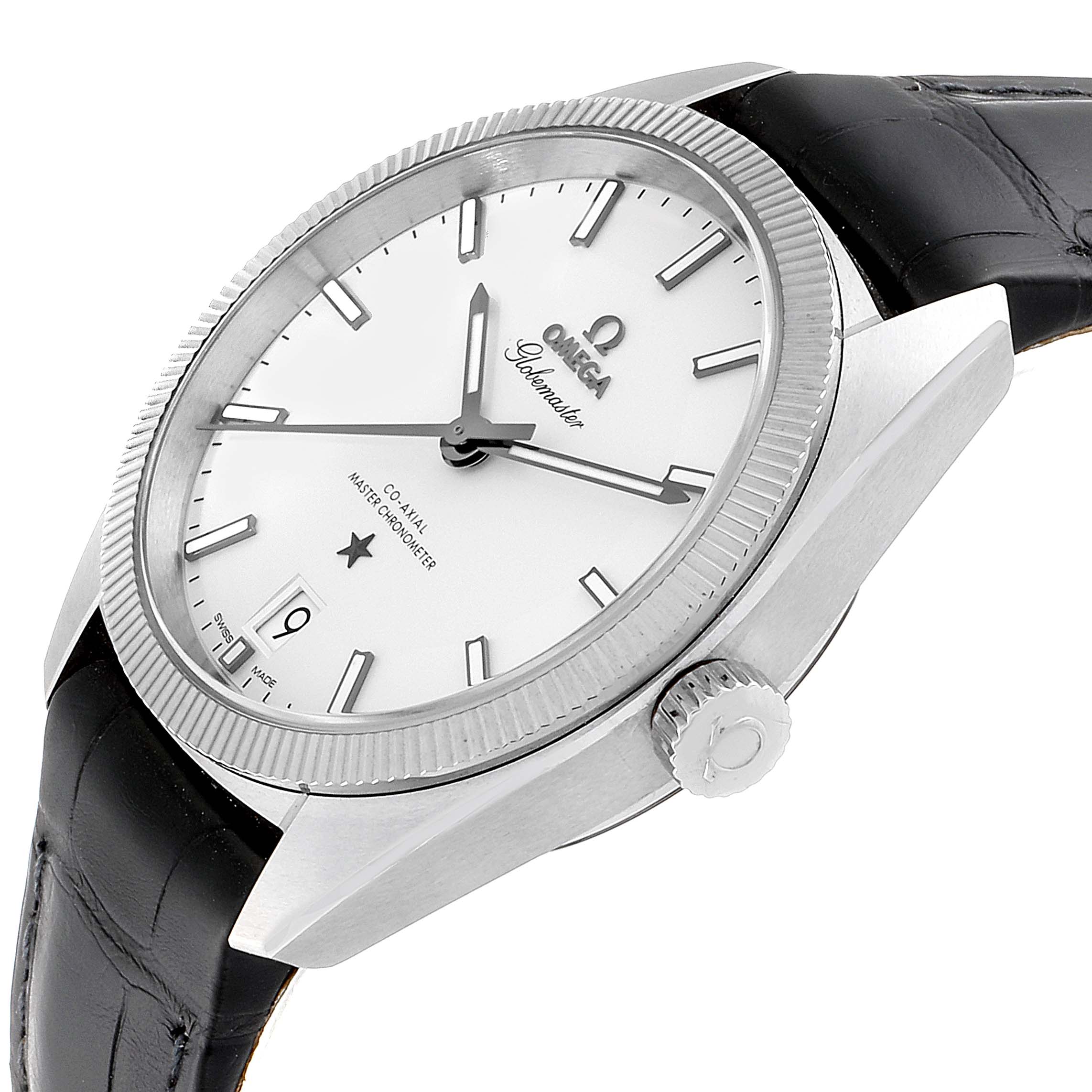 The image shows an angled view of the Omega Constellation 130.33.39.21.02.001 Men's Stainless Steel Silver Dial 130.33.39.21.02.001 Men's Stainless Steel Silver Dial watch, highlighting its dial, bezel, crown, and leather strap.