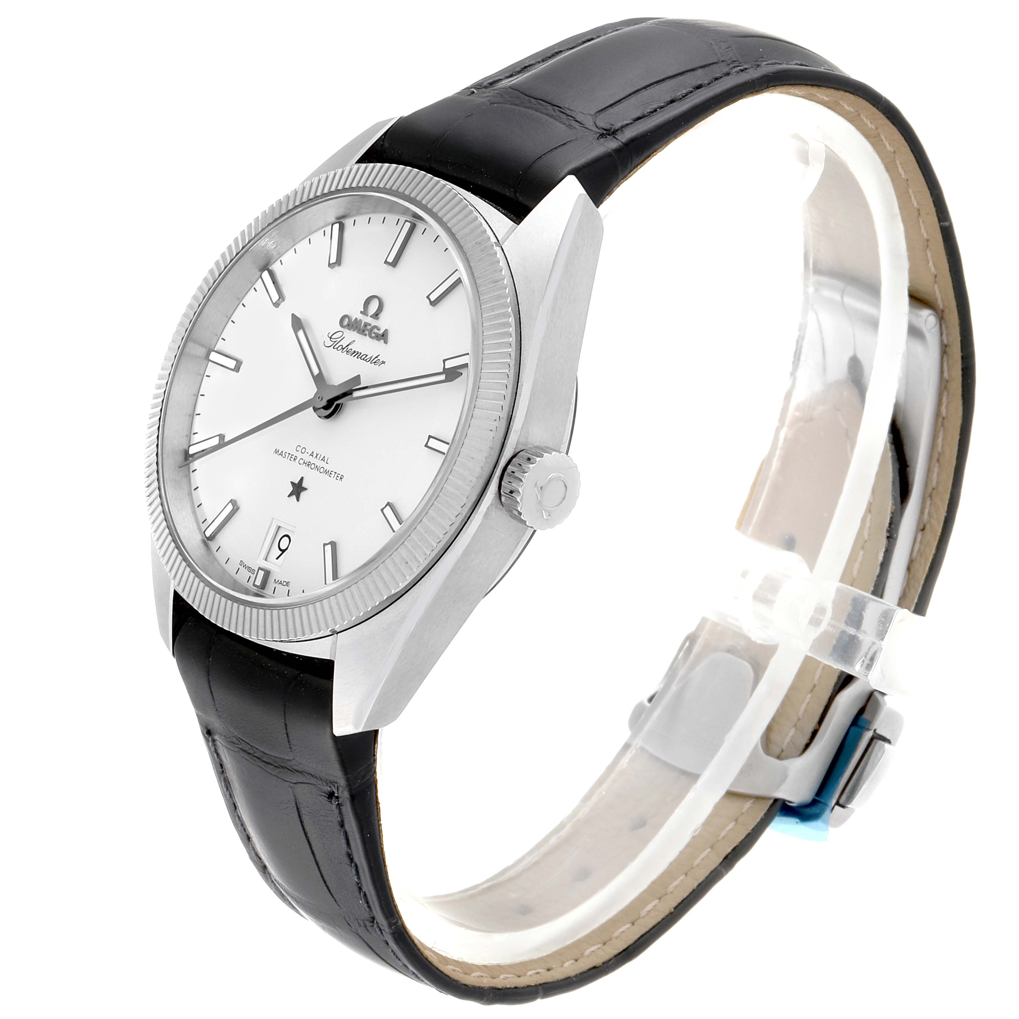 The image shows a side angle view of the Omega Constellation 130.33.39.21.02.001 Men's Stainless Steel Silver Dial 130.33.39.21.02.001 Men's Stainless Steel Silver Dial watch, highlighting its face, hands, crown, and black leather strap.