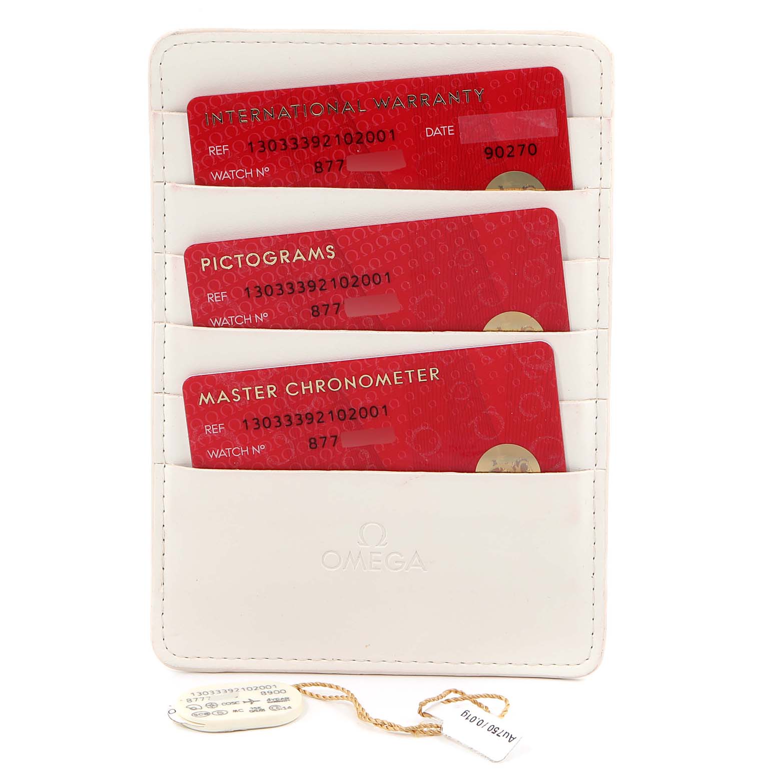 The image shows warranty and chronometer cards for an Omega Constellation 130.33.39.21.02.001 Men's Stainless Steel Silver Dial 130.33.39.21.02.001 Men's Stainless Steel Silver Dial watch in a white cardholder.