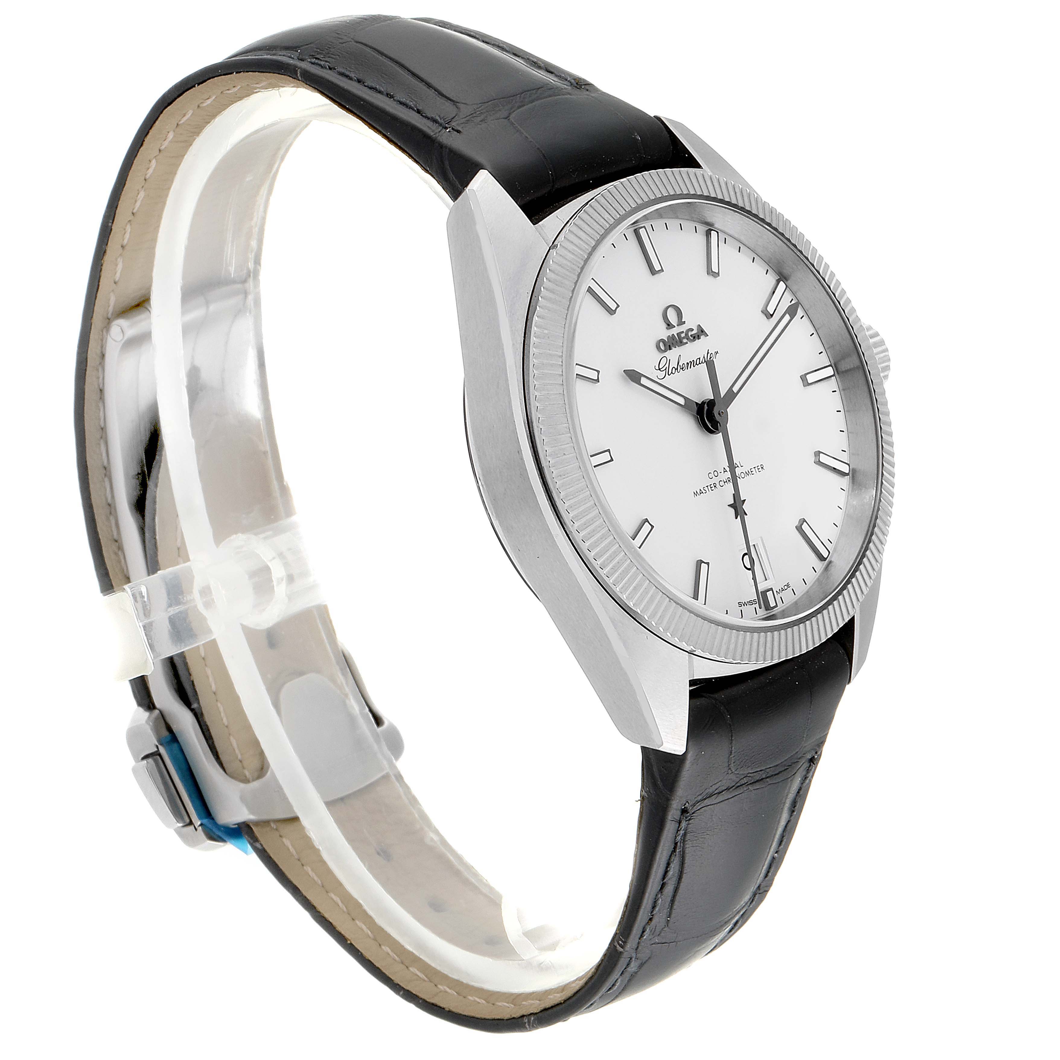 The image shows the front and side view of an Omega Constellation 130.33.39.21.02.001 Men's Stainless Steel Silver Dial 130.33.39.21.02.001 Men's Stainless Steel Silver Dial watch, highlighting the face, bezel, and leather strap.