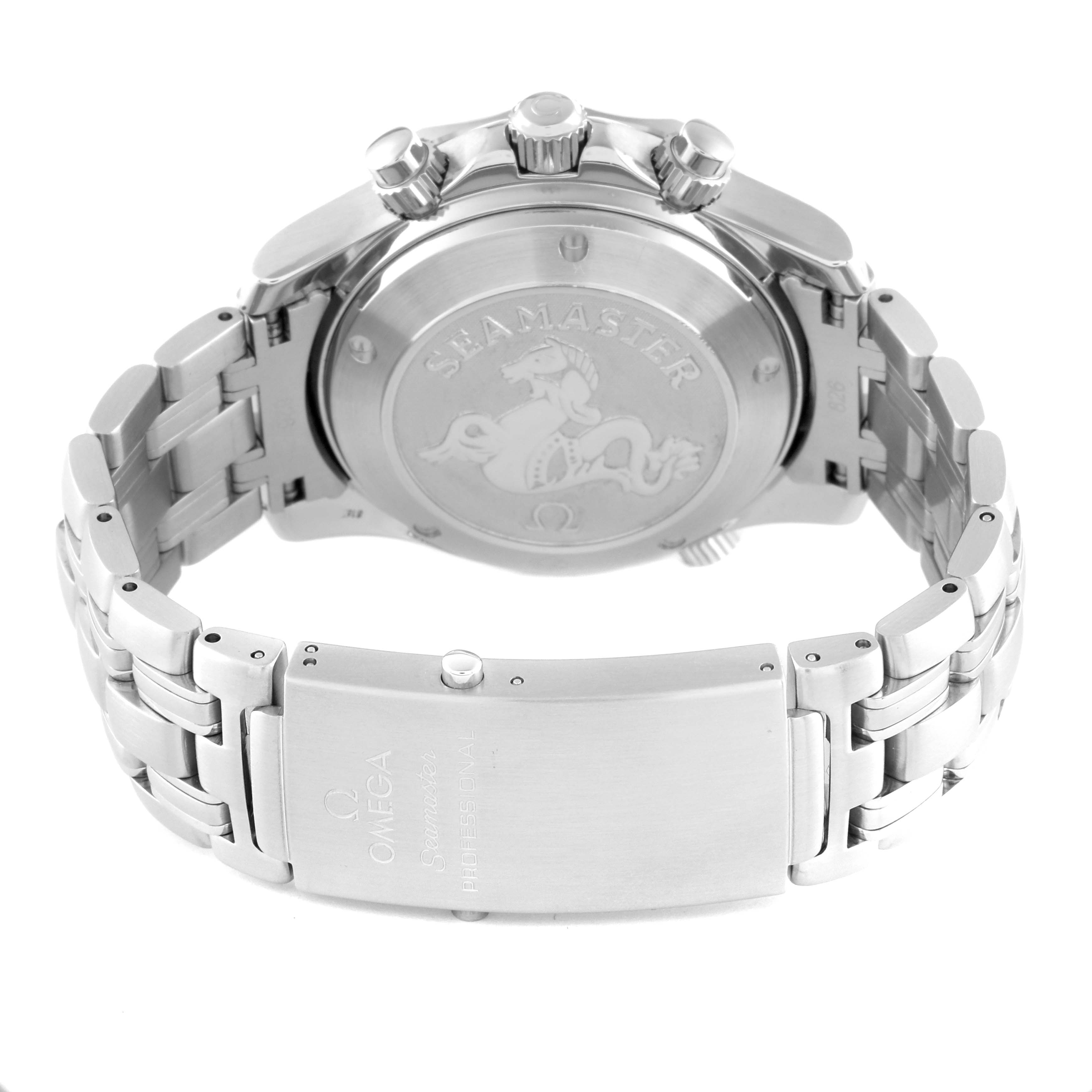 This image shows the back case and clasp of the Omega Seamaster 2225.80.00 Men
s Stainless Steel Blue Dial 2225.80.00 Men
s Stainless Steel Blue Dial watch, with a clear view of the bracelet and engraved case back.