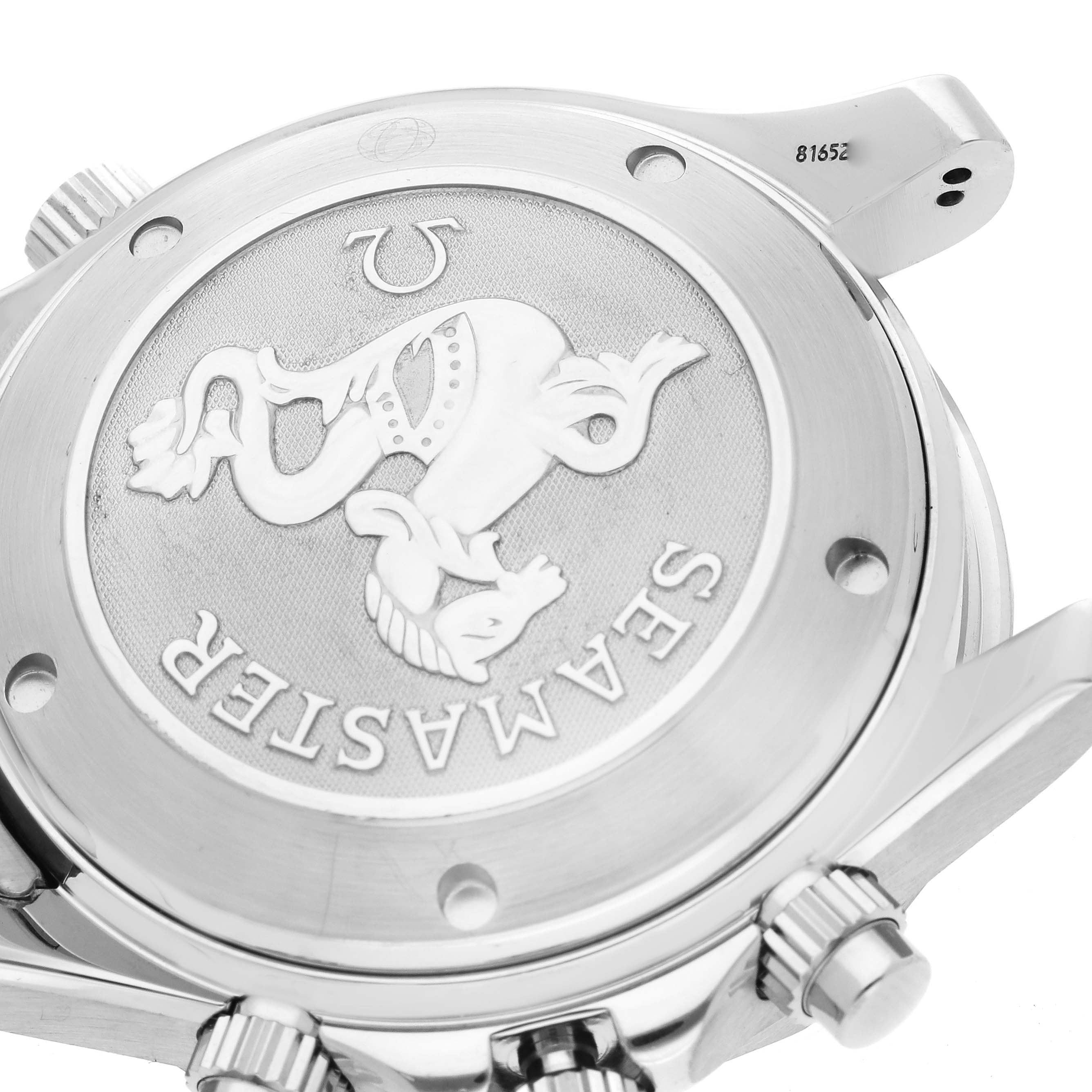 The image shows the stainless steel case back of an Omega Seamaster 2225.80.00 Men
s Stainless Steel Blue Dial 2225.80.00 Men
s Stainless Steel Blue Dial watch, featuring its engraved logo and serial number.