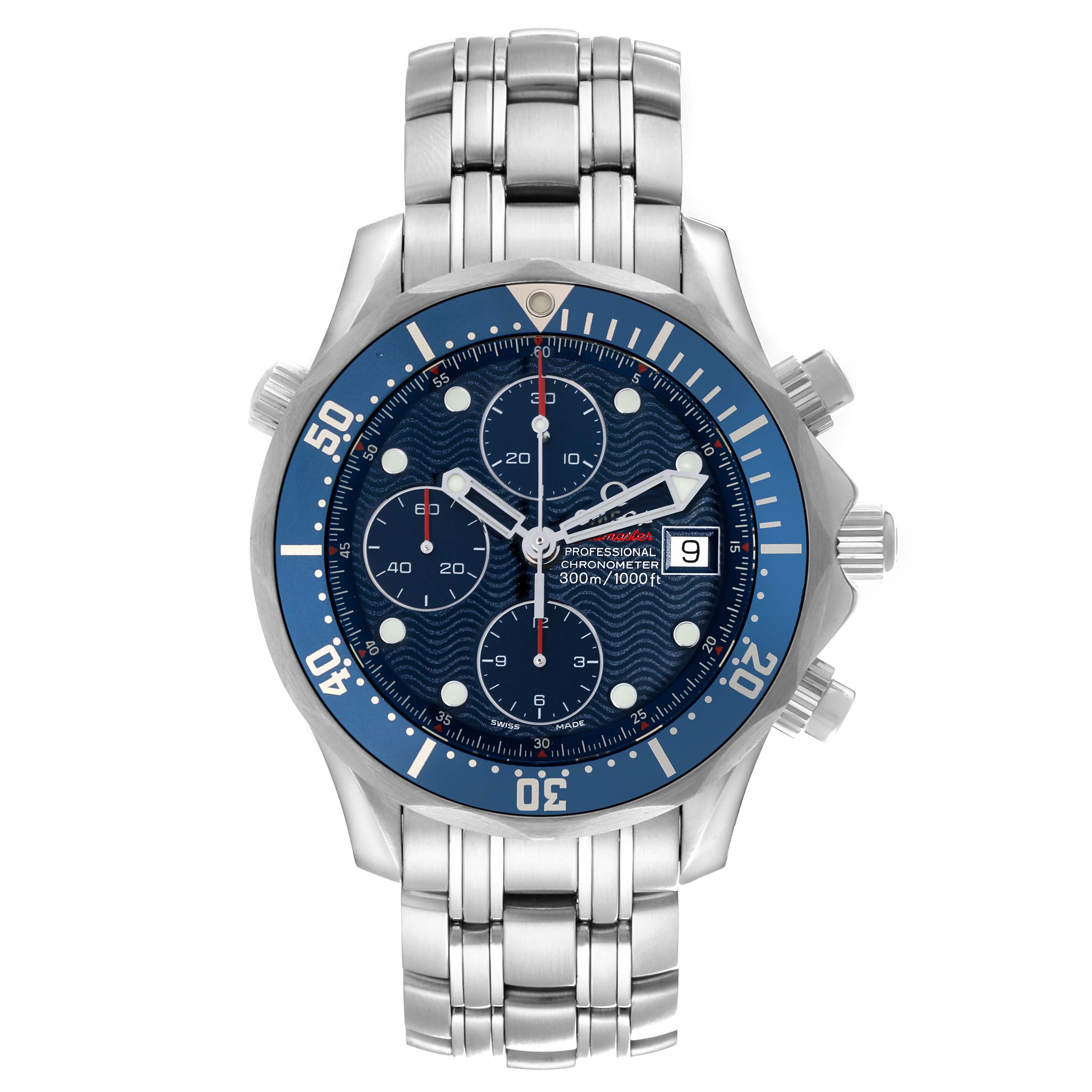 The image shows a front view of the Omega Seamaster 2225.80.00 Men
s Stainless Steel Blue Dial 2225.80.00 Men
s Stainless Steel Blue Dial watch, highlighting the dial, bezel, chronograph sub-dials, and metal bracelet.