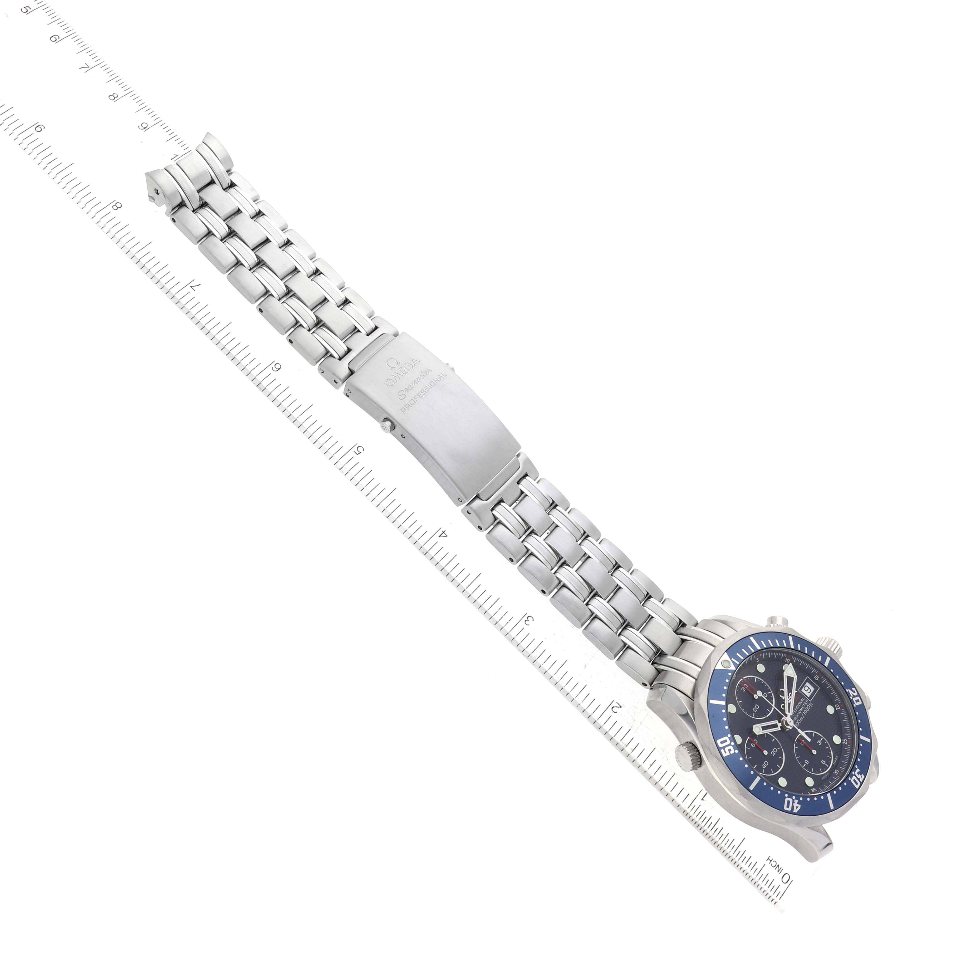 The image shows an Omega Seamaster 2225.80.00 Men
s Stainless Steel Blue Dial 2225.80.00 Men
s Stainless Steel Blue Dial watch from a top-down angle, including the face, clasp, and bracelet.