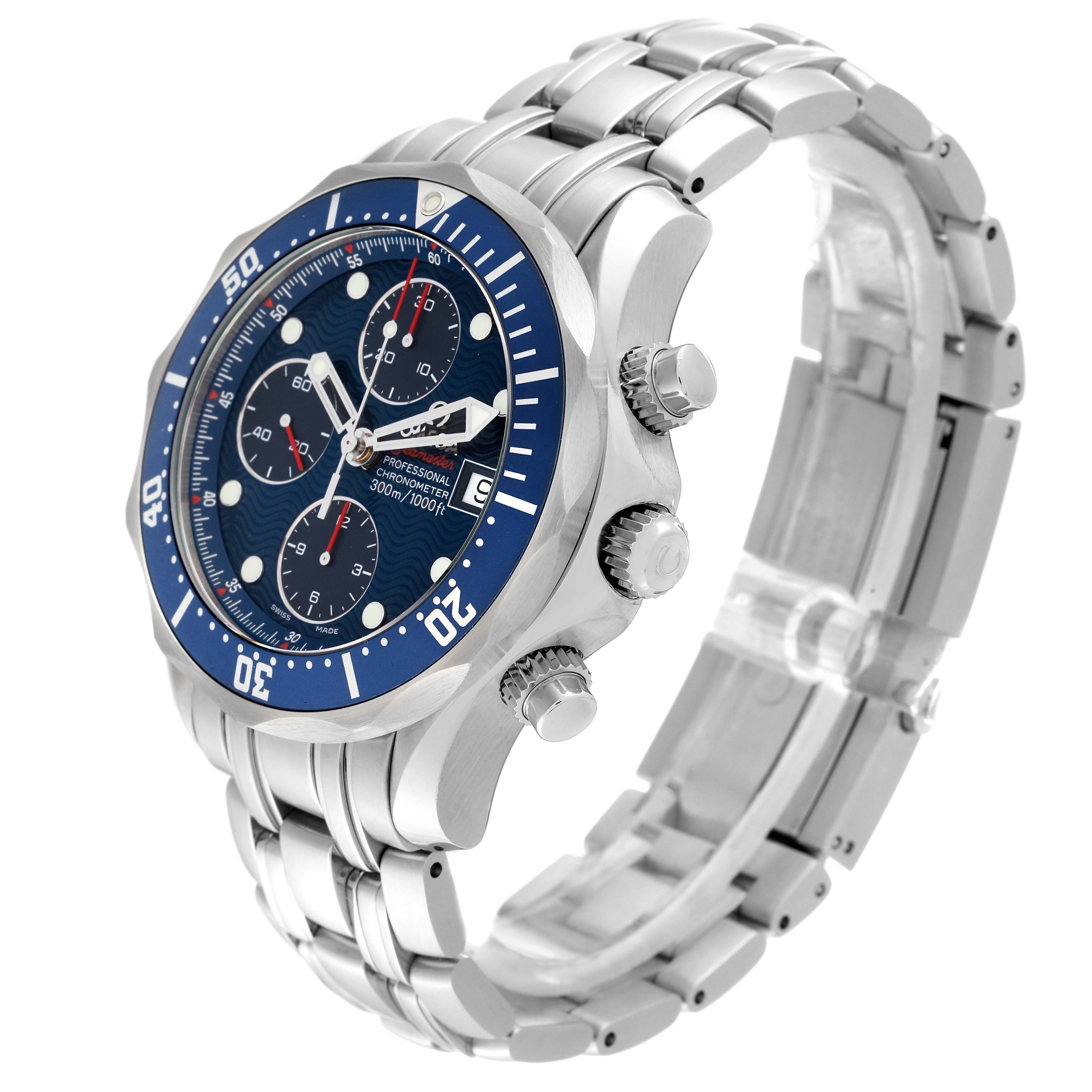 This image shows a side angle of the Omega Seamaster 2225.80.00 Men
s Stainless Steel Blue Dial 2225.80.00 Men
s Stainless Steel Blue Dial watch, highlighting the bezel, dial, crown, and stainless steel bracelet.