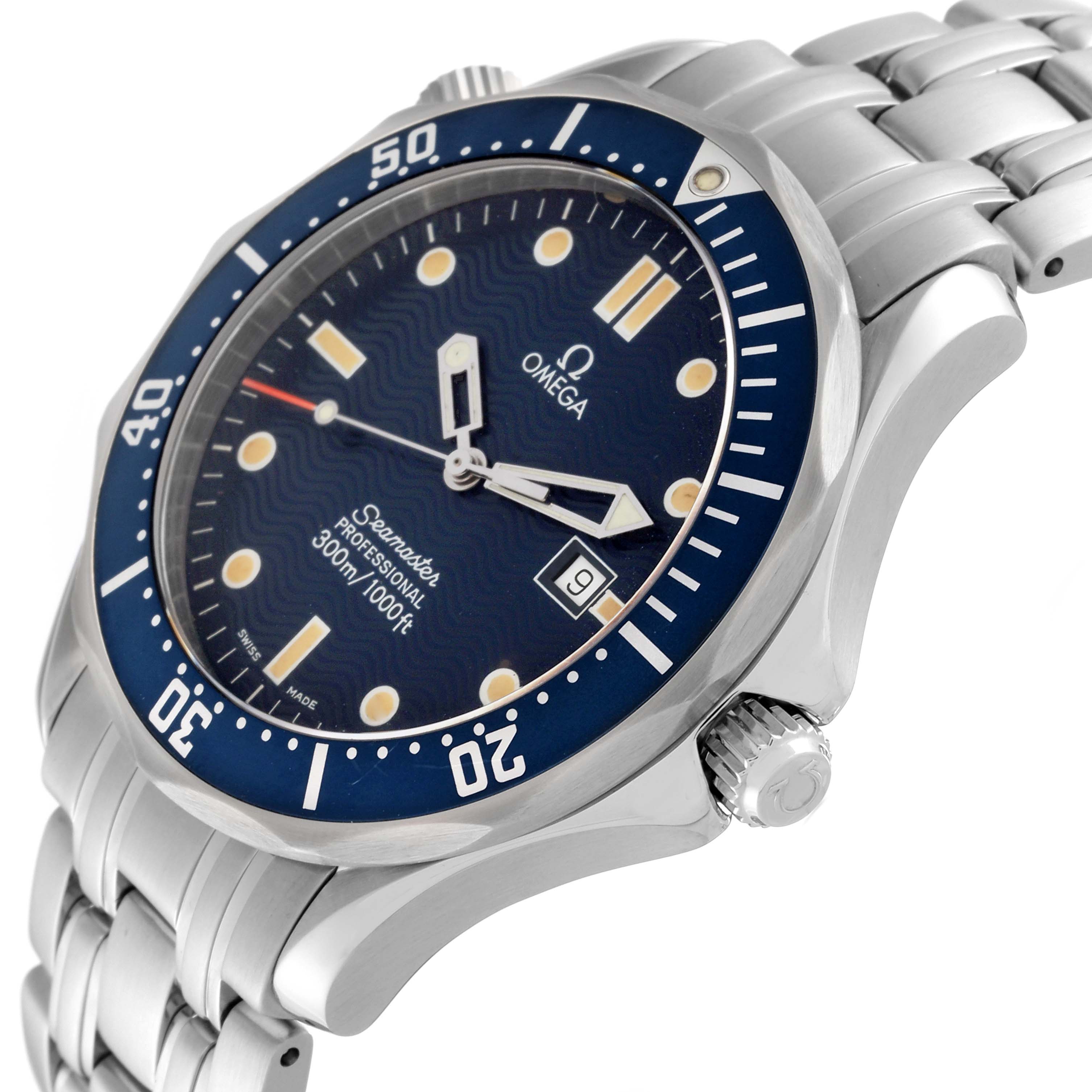 The image shows an angled side view of the Omega Seamaster 2541.80.00 Men
s Stainless Steel Blue Dial 2541.80.00 Men
s Stainless Steel Blue Dial watch, displaying its dial, bezel, crown, and bracelet.