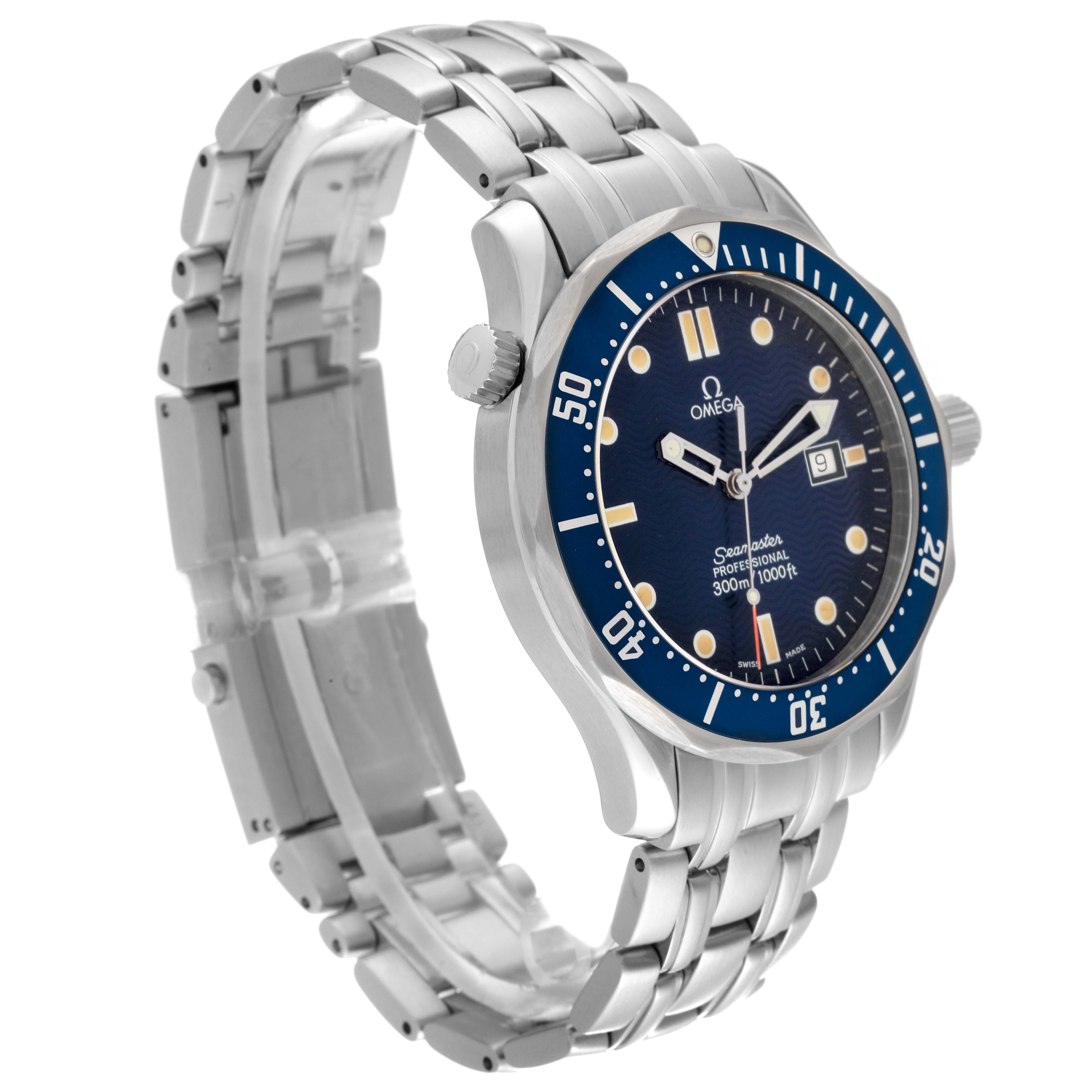 The Omega Seamaster 2541.80.00 Men
s Stainless Steel Blue Dial 2541.80.00 Men
s Stainless Steel Blue Dial watch is displayed at a 3/4 angle, showing its blue dial, bezel, stainless steel bracelet, and side crown.
