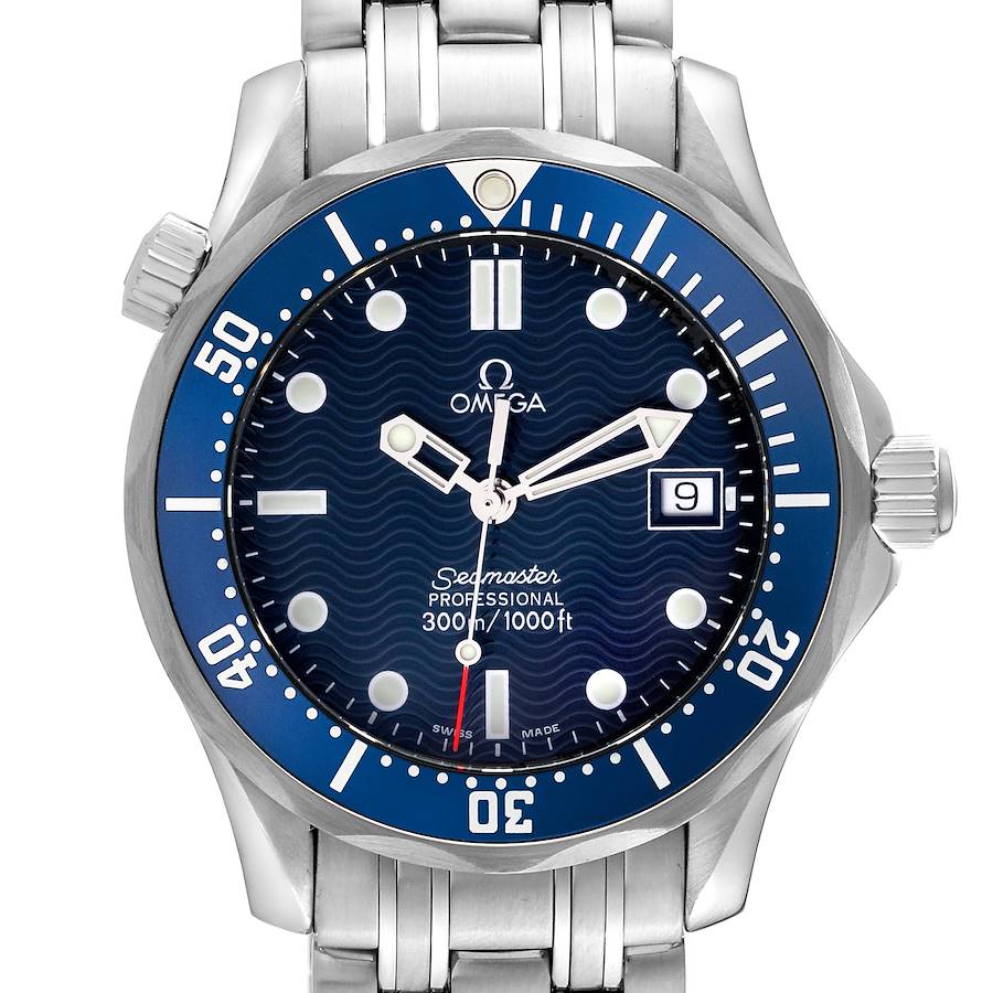 This image shows a front view of an Omega Seamaster watch, displaying its blue dial, bezel, and metal bracelet.