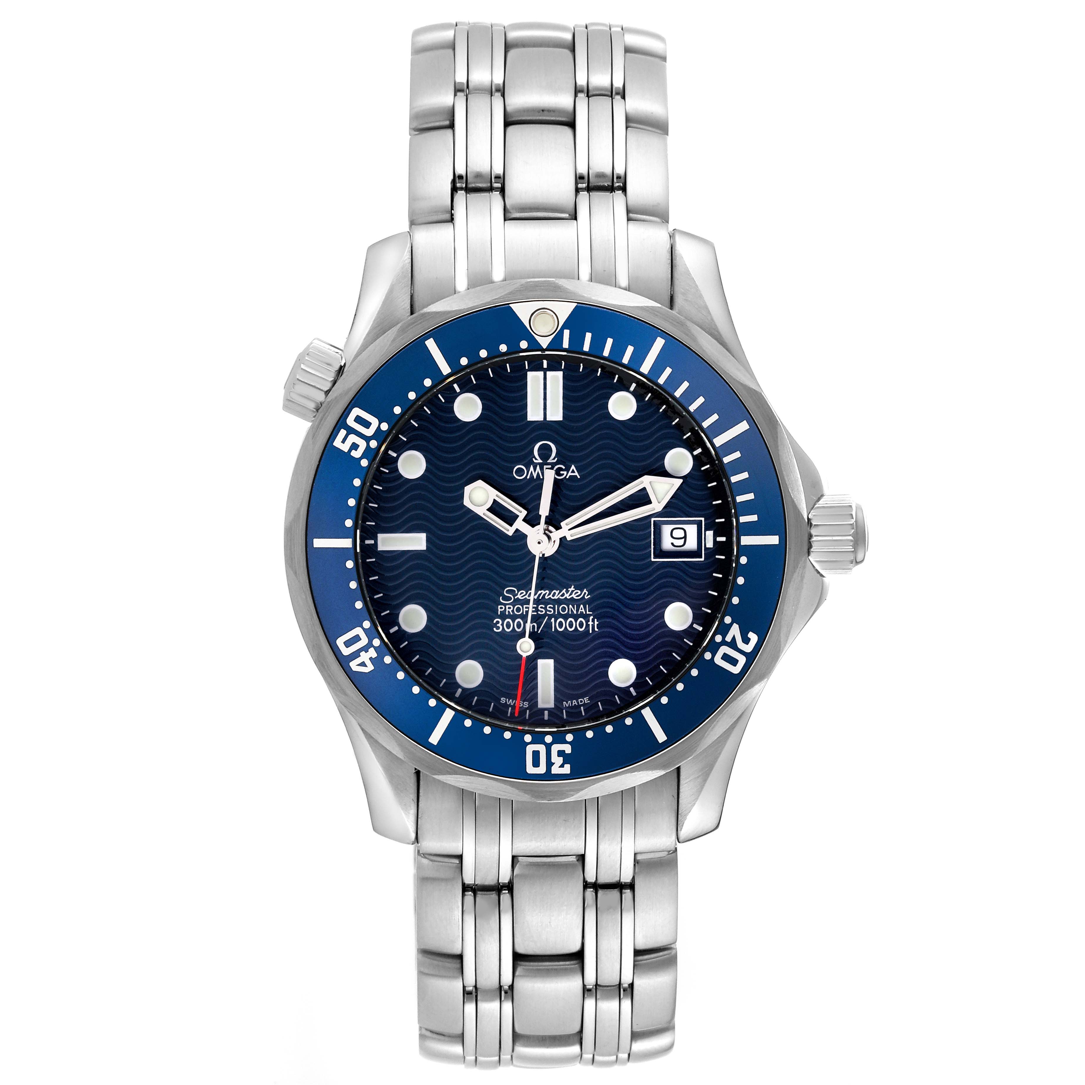 The Omega Seamaster 2561.80.00 Men
s Stainless Steel Blue Dial 2561.80.00 Men
s Stainless Steel Blue Dial watch is shown front-facing, displaying its blue dial, bezel, and stainless steel bracelet.