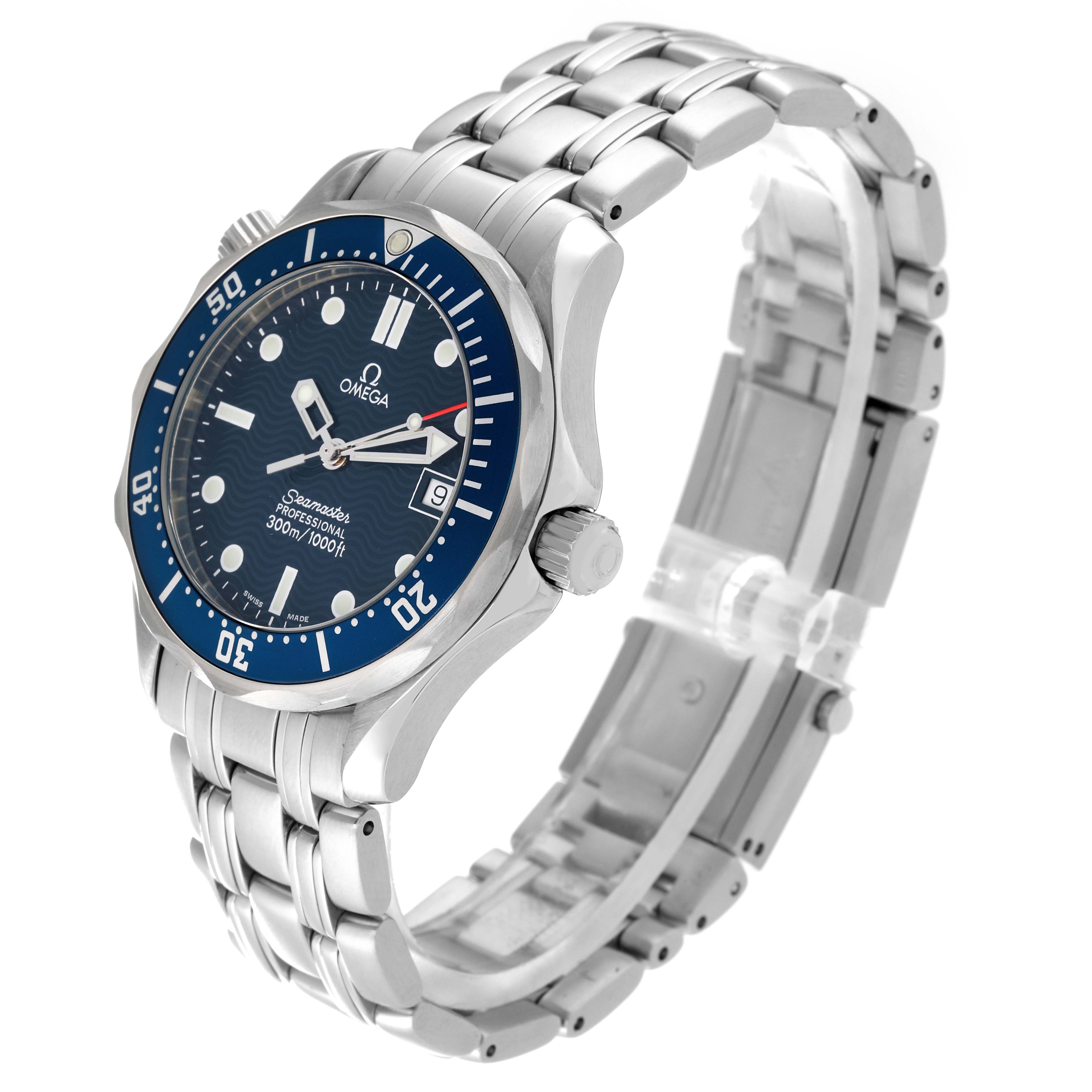 The Omega Seamaster 2561.80.00 Men
s Stainless Steel Blue Dial 2561.80.00 Men
s Stainless Steel Blue Dial watch is shown from an angled side view, highlighting the face, bezel, crown, and bracelet.