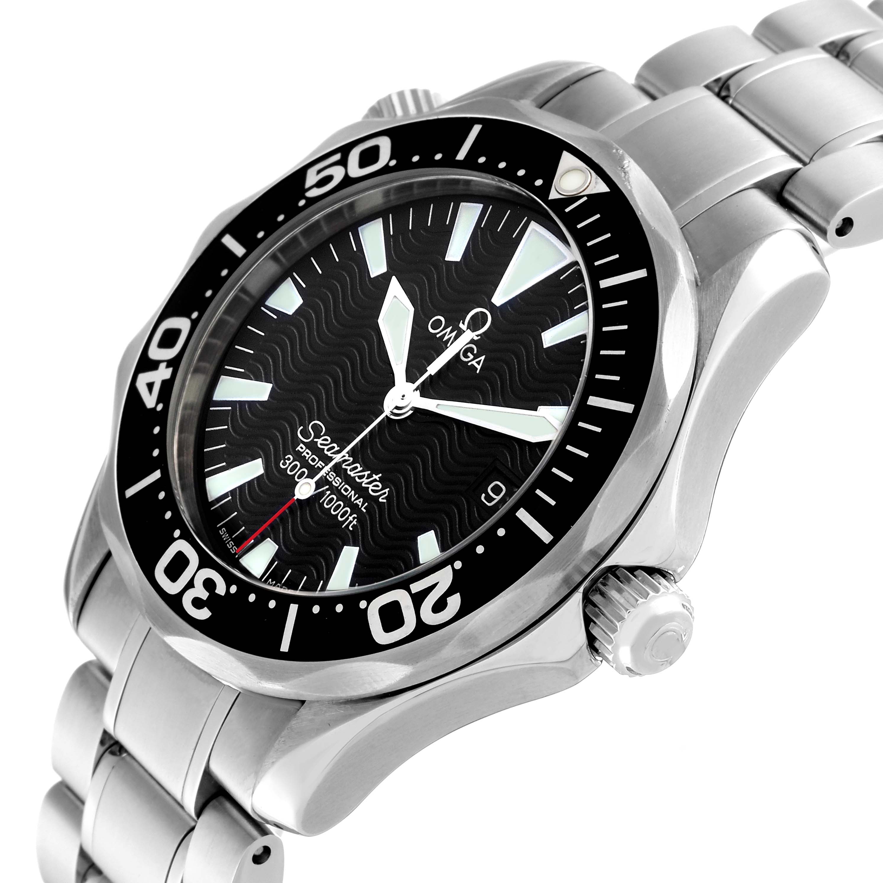 The Omega Seamaster 2262.50.00 Men
s Stainless Steel Black Dial 2262.50.00 Men
s Stainless Steel Black Dial watch is shown from a slightly tilted angle, displaying its face, bezel, crown, and part of its bracelet.