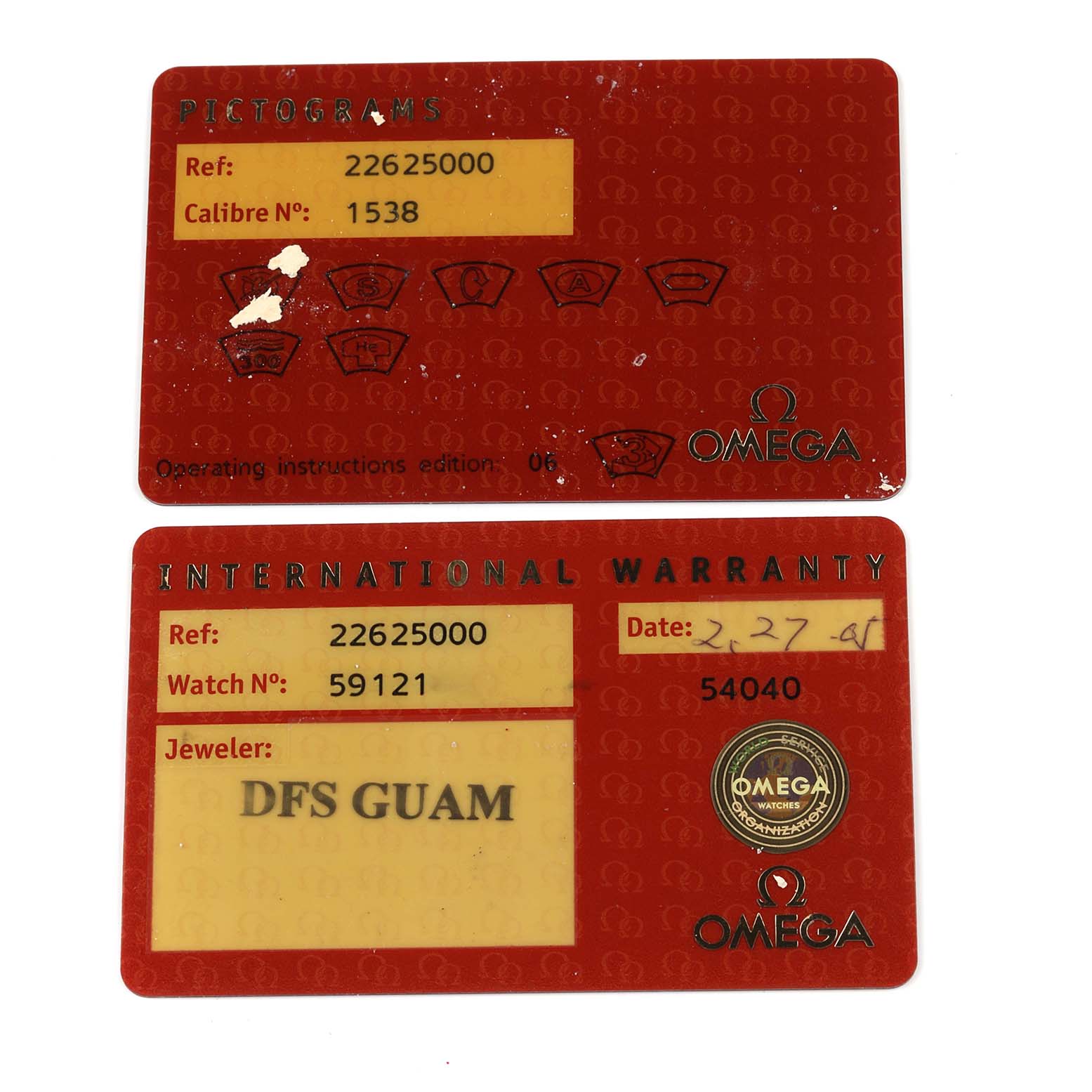 Two warranty cards for an Omega Seamaster 2262.50.00 Men
s Stainless Steel Black Dial 2262.50.00 Men
s Stainless Steel Black Dial watch, showing reference, caliber numbers, and jeweler details.