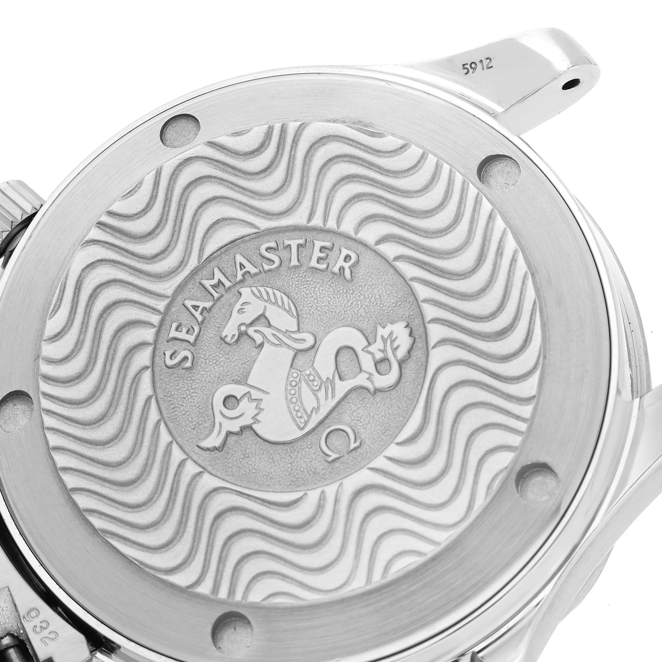 The image shows the back case of an Omega Seamaster 2262.50.00 Men
s Stainless Steel Black Dial 2262.50.00 Men
s Stainless Steel Black Dial watch, featuring its iconic engraved design.